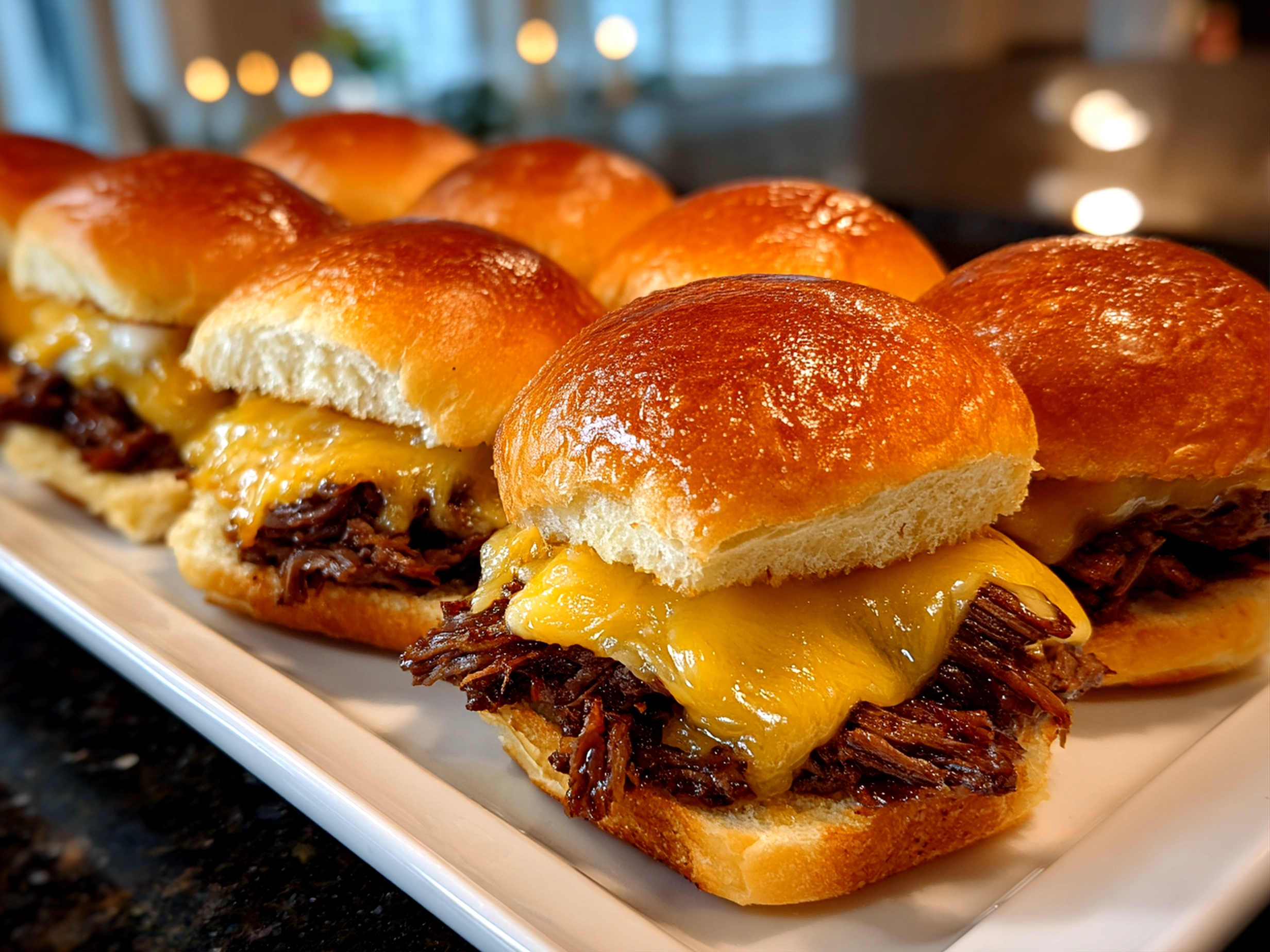 Home cook, taken with iPhone 14. Close-up slight angle of delicious Philly Cheesesteak Sliders on white plate. Mouthwatering --ar 4:3 --style raw --s 240