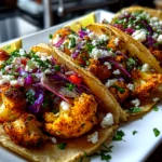 Home cook, taken with iPhone 14. Close-up slight angle of freshly prepared roasted cauliflower tacos on white plate. Mouthwatering --ar 4:3 --style raw --s 230