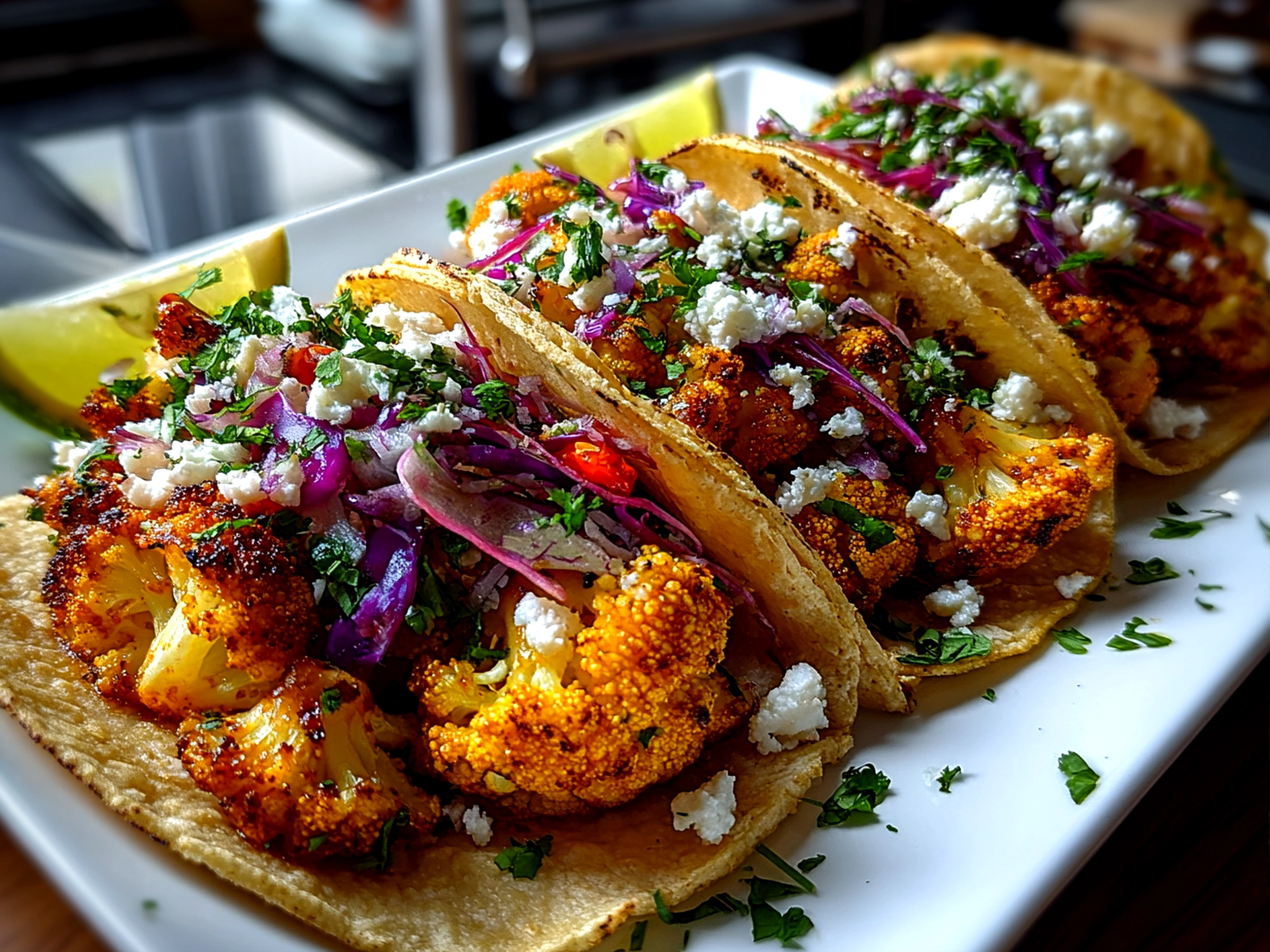 Home cook, taken with iPhone 14. Close-up slight angle of freshly prepared roasted cauliflower tacos on white plate. Mouthwatering --ar 4:3 --style raw --s 230