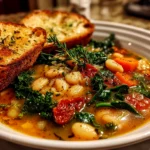 Home Cooked White Bean Kale Soup in White Bowl