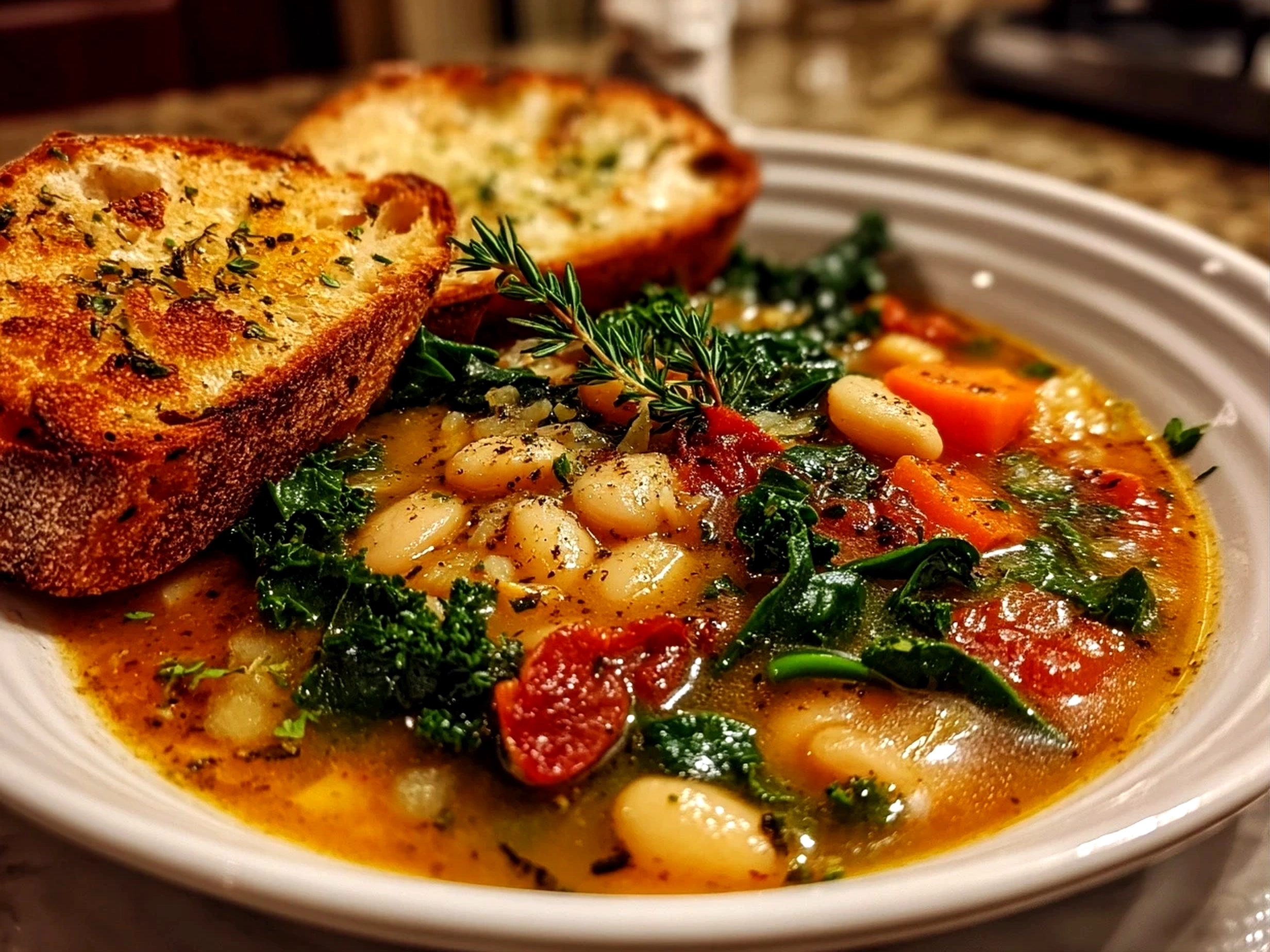Home Cooked White Bean Kale Soup in White Bowl