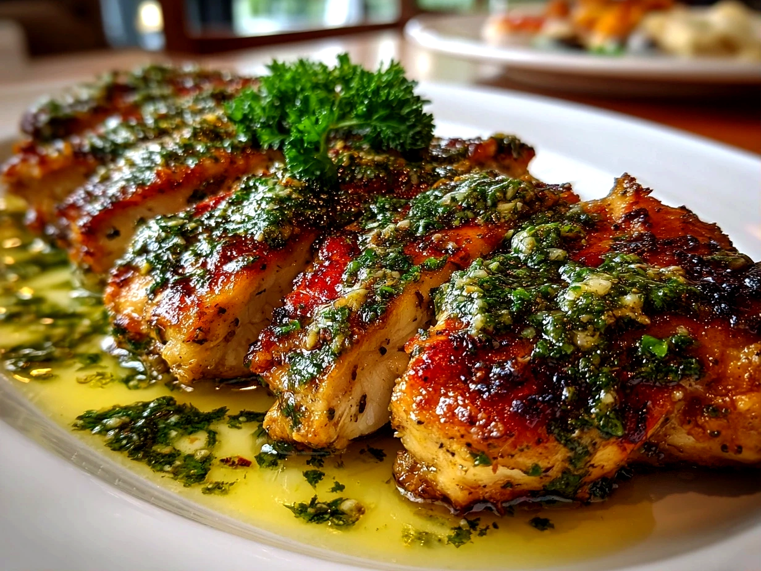 home cooking, taken with iPhone 15 Pro Max. Close-up slight angle of comforting pesto chicken on white plate. mouthwatering --ar 4:3 --style raw --s 260