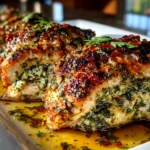 Home cooks, taken with iPhone 14. Close-up slight angle of comforting Pesto Stuffed Chicken on white plate. rich inviting --ar 4:3 --style raw --s 260