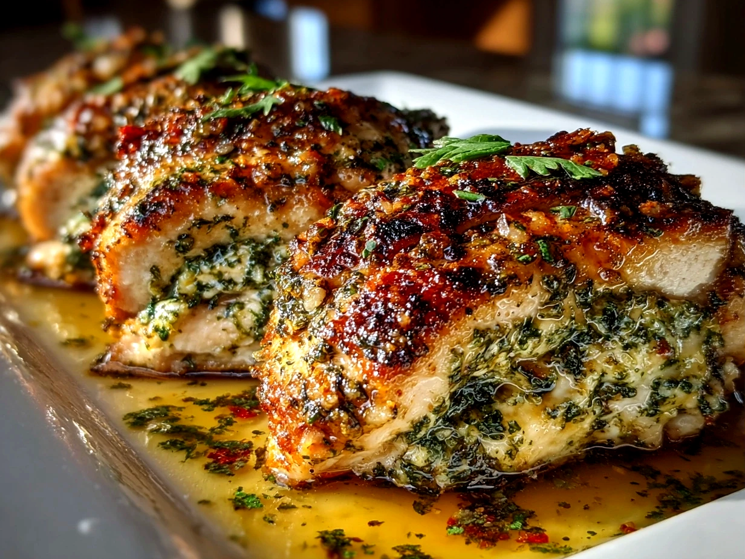 Home cooks, taken with iPhone 14. Close-up slight angle of comforting Pesto Stuffed Chicken on white plate. rich inviting --ar 4:3 --style raw --s 260