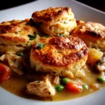 Home-cooks, taken with iPhone 14. Close-up slight angle of comforting Turkey Pot Pie with Biscuit Topping on white plate. Warm appetizing --ar 4:3 --style raw --s 200