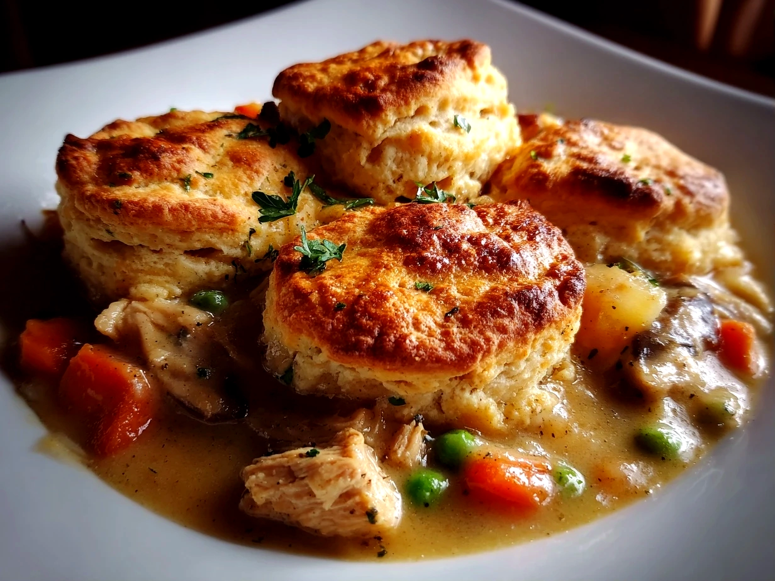 Home-cooks, taken with iPhone 14. Close-up slight angle of comforting Turkey Pot Pie with Biscuit Topping on white plate. Warm appetizing --ar 4:3 --style raw --s 200