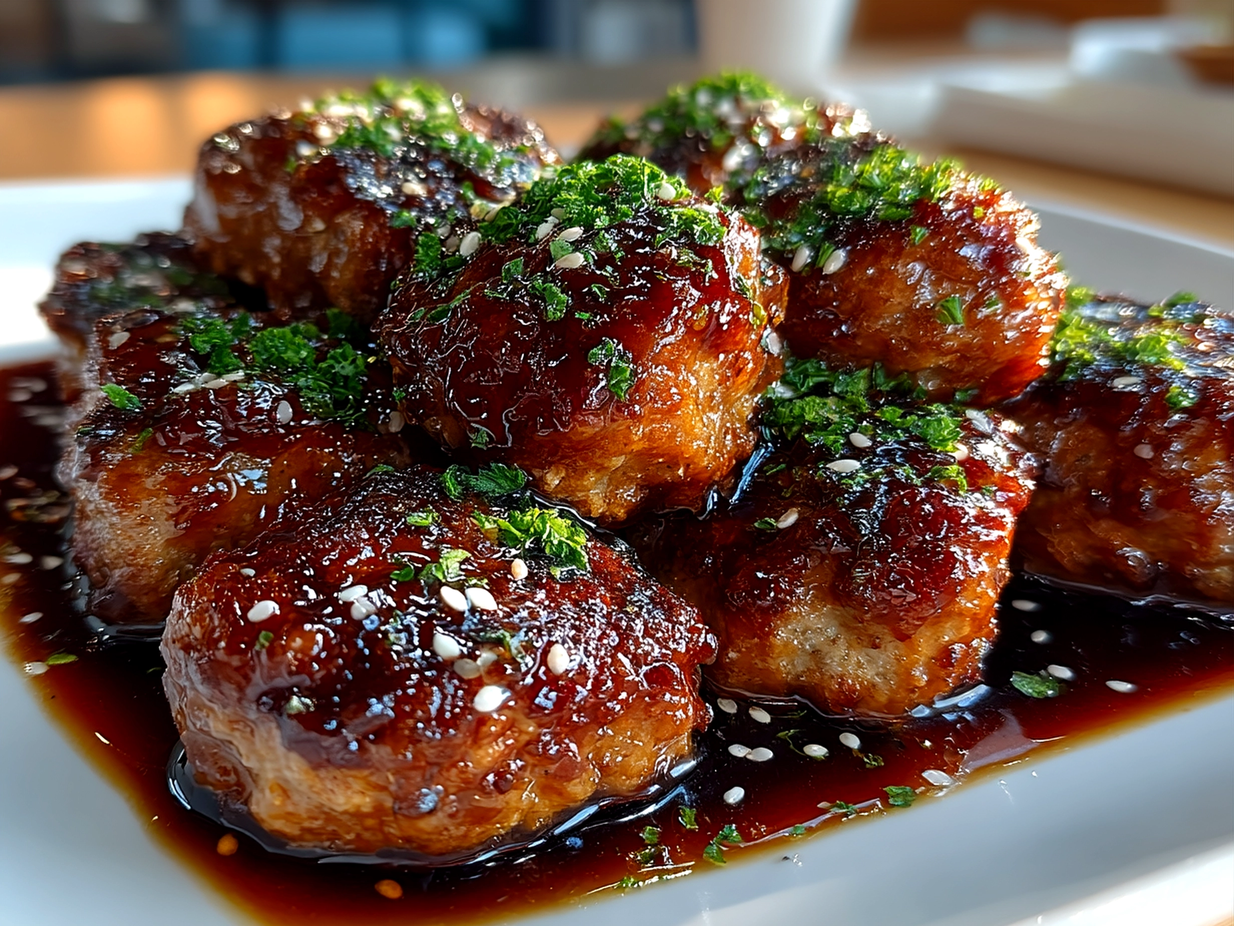Bowl of Honey Garlic Meatballs glazed with sticky sauce, served with fresh herbs