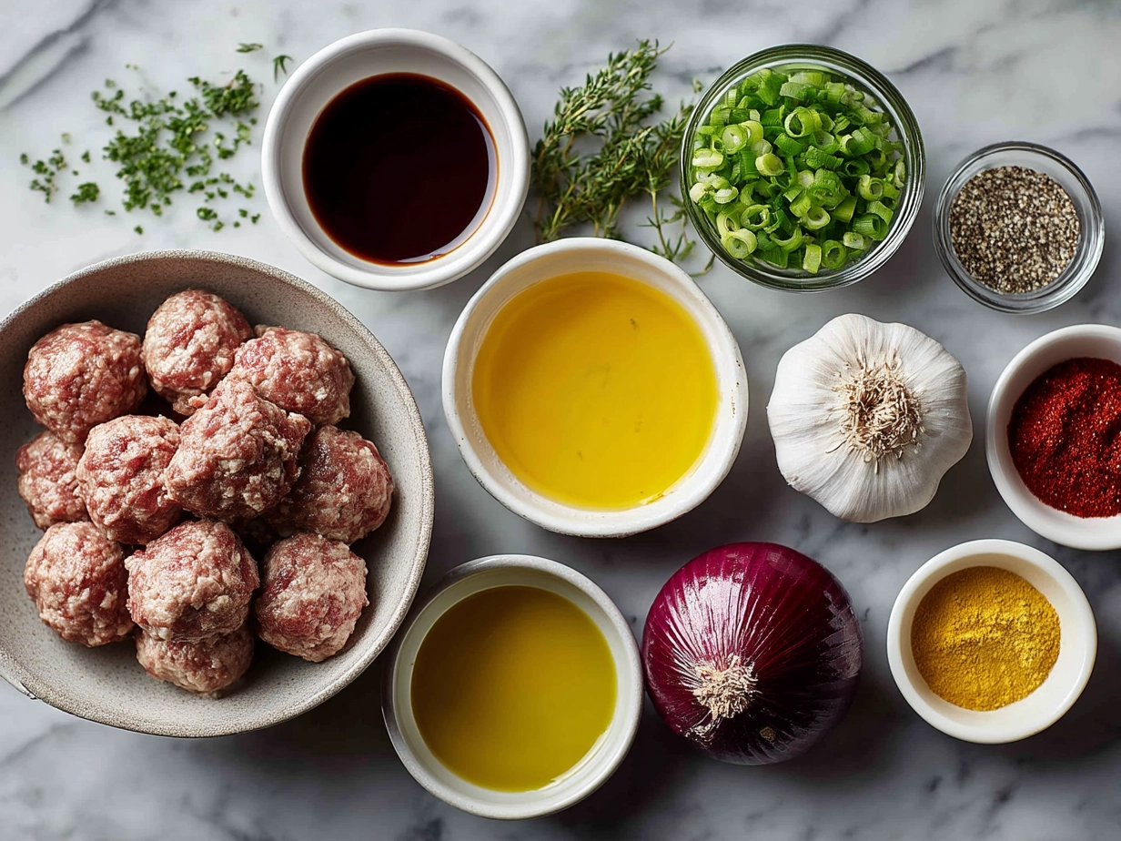 Ingredients laid out for making Honey Garlic Meatballs including ground meat, garlic, honey, and herbs