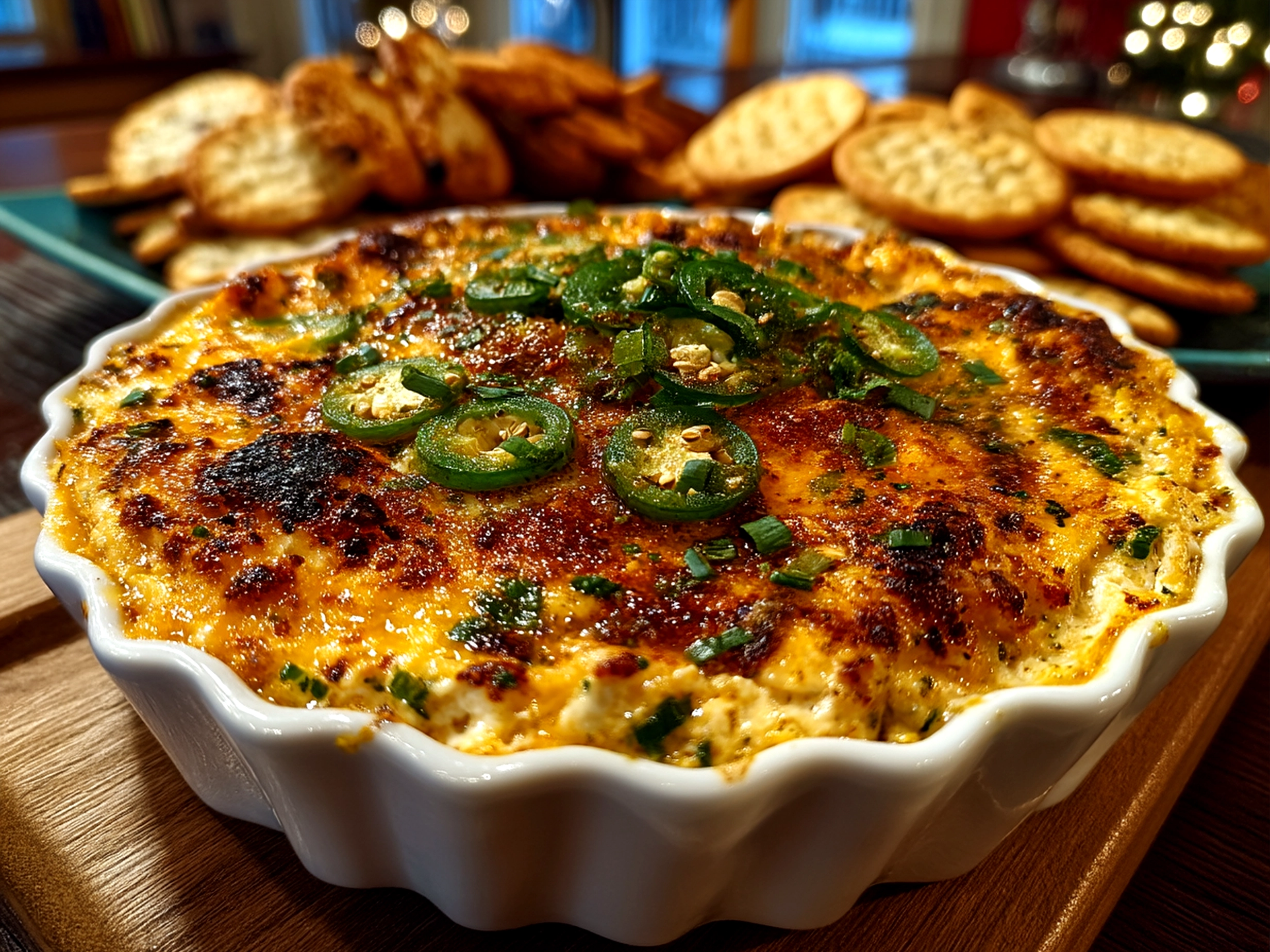 Served Jalapeño Popper Dip with baguette slices and vegetables for dipping