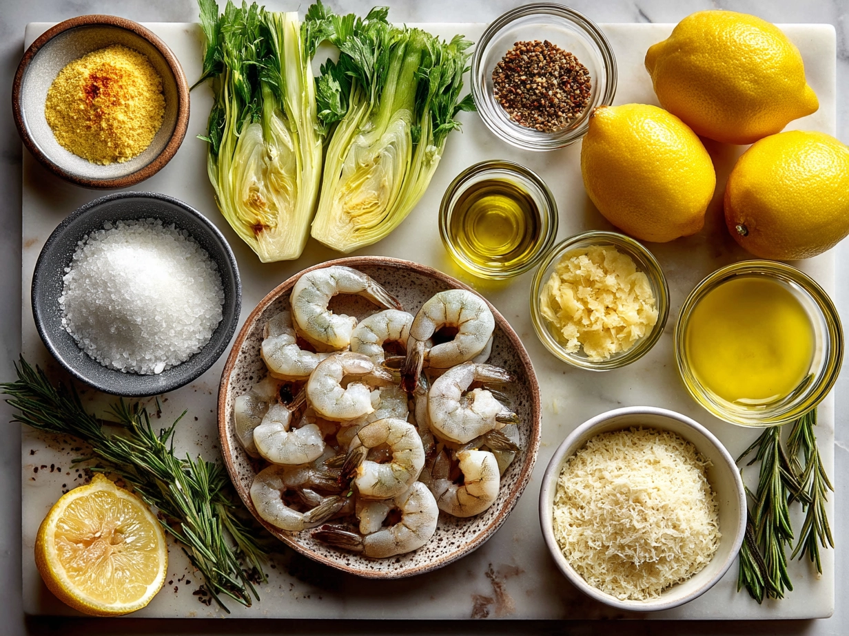 Ingredients for Lemon Garlic Shrimp Risotto including Arborio rice, shrimp, lemon, garlic, and herbs