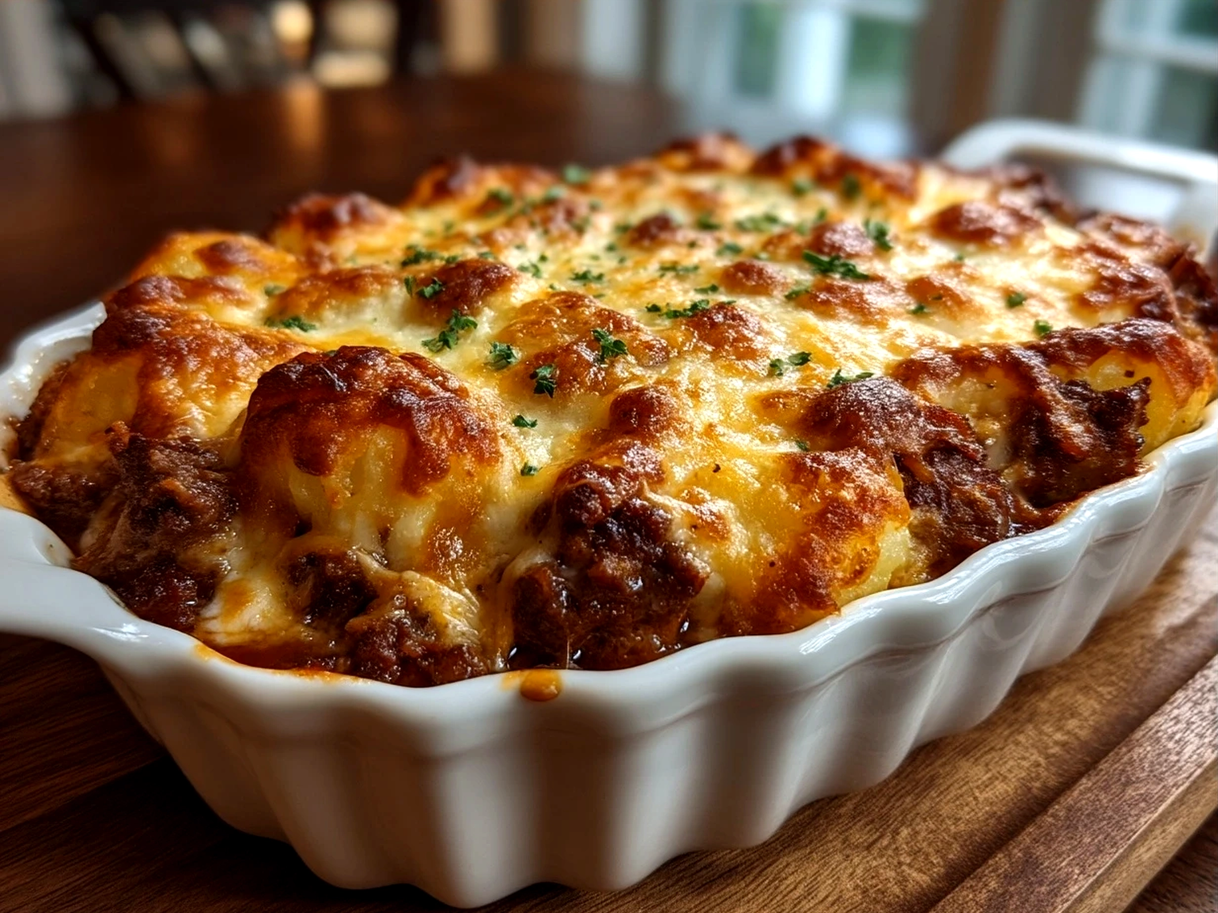 Freshly baked Loaded Beef Potato Casserole served warm on a plate with a side salad