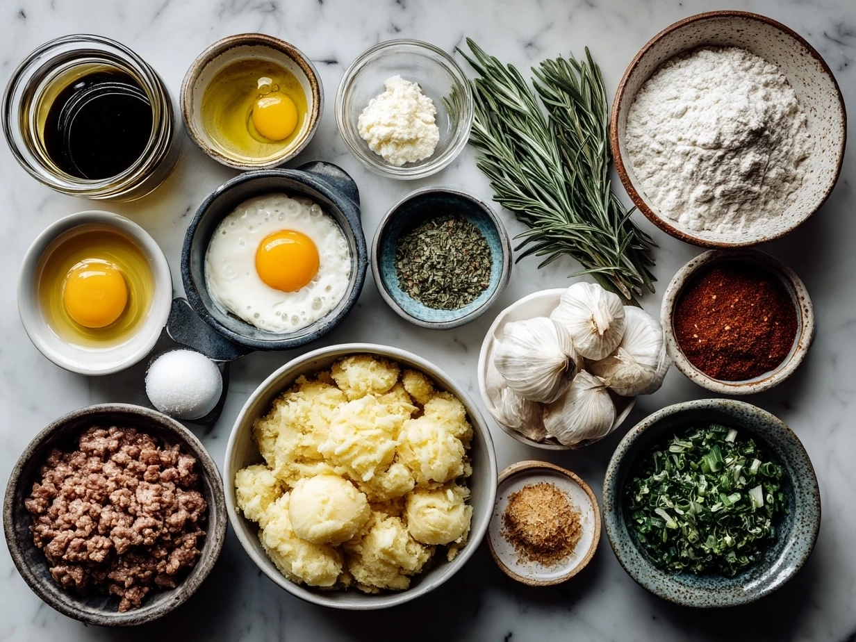 Ingredients laid out for Loaded Beef Potato Casserole including potatoes, ground beef, onions, garlic, cheese, and sour cream