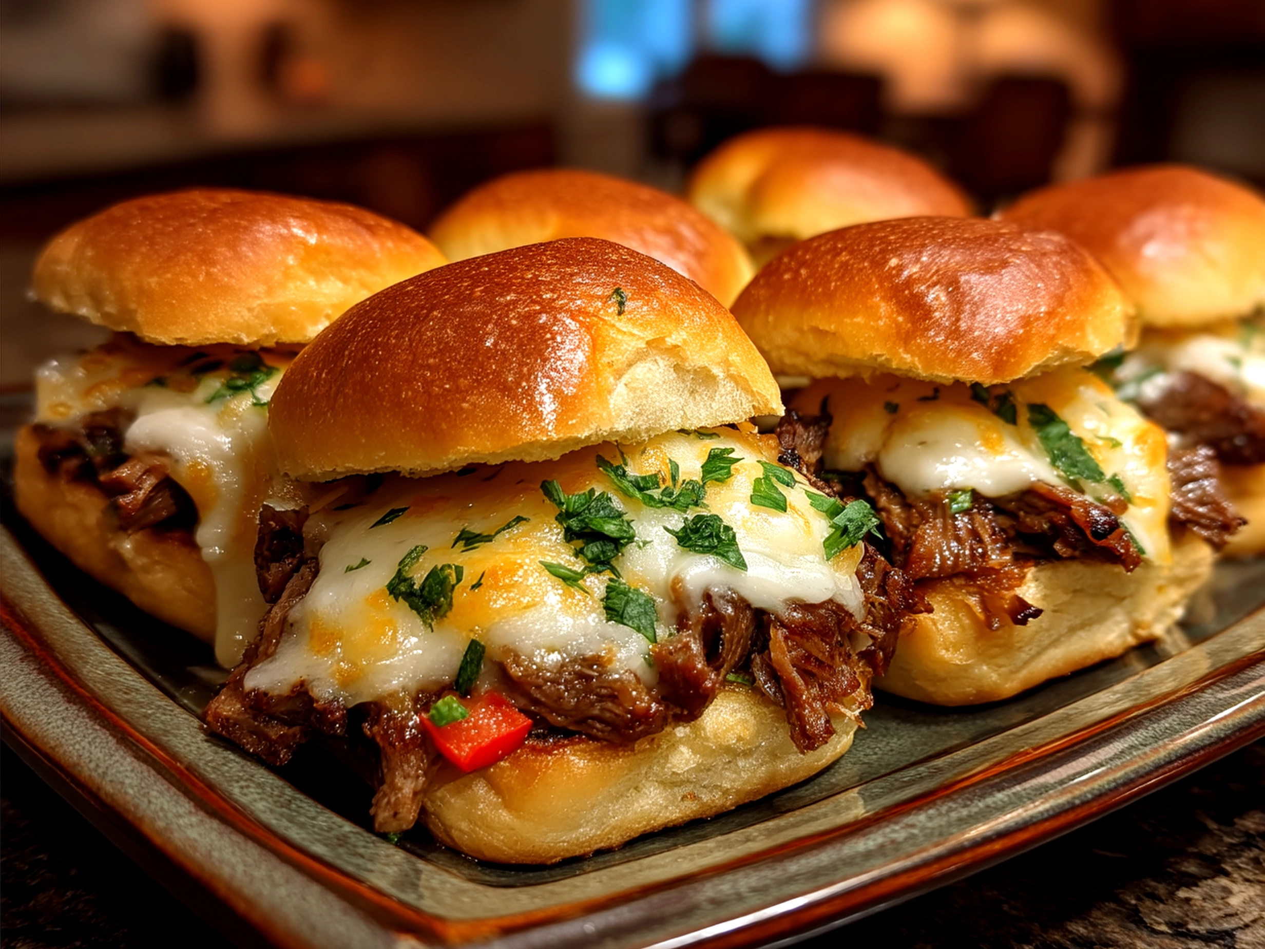 Serving Loaded Philly Cheesesteak Sliders on a platter ready to enjoy