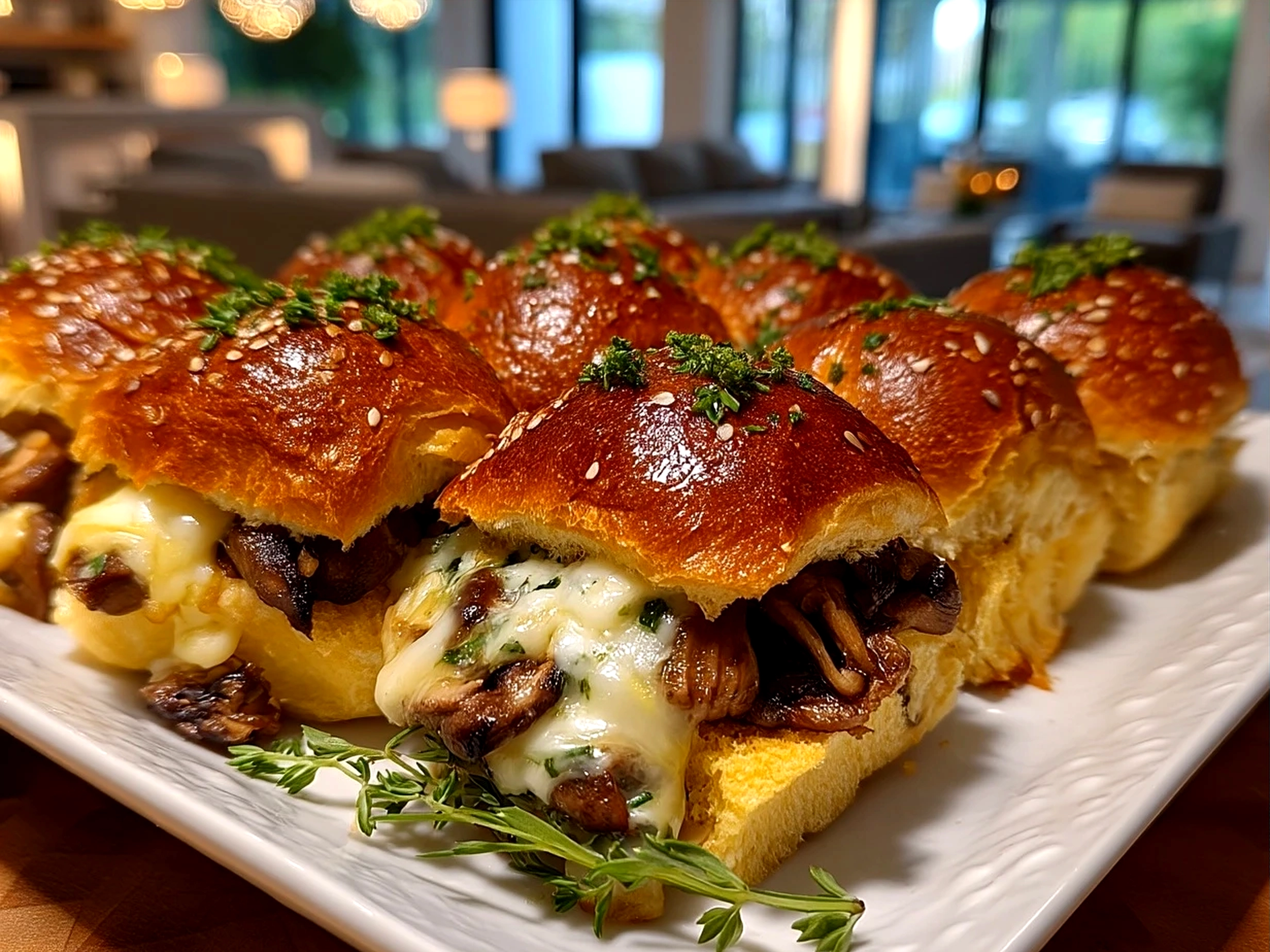 Plated Mini Mushroom Swiss Sliders served with fresh herbs on a wooden board