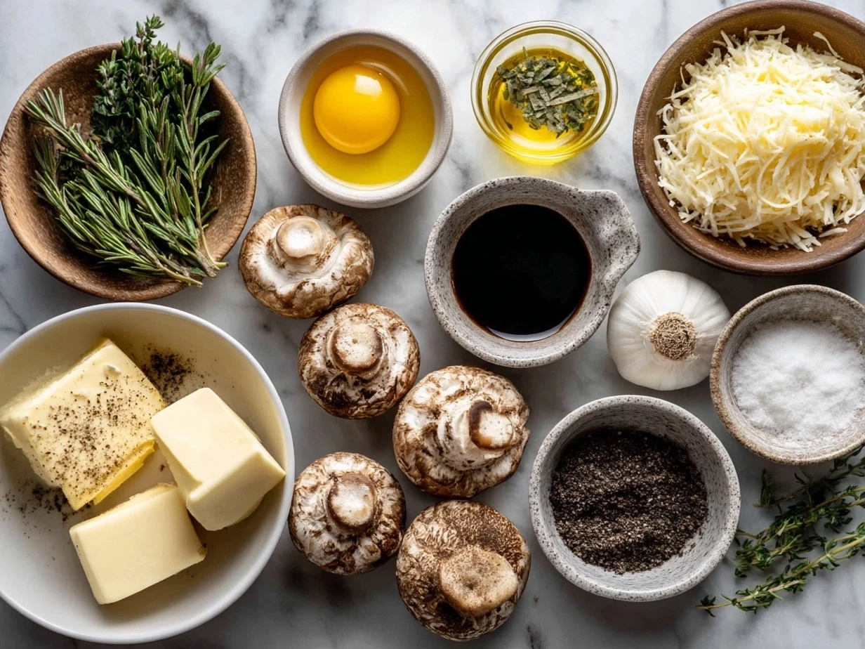 Ingredients for Mini Mushroom Swiss Sliders including buns, mushrooms, Swiss cheese, butter, shallot, garlic, and herbs