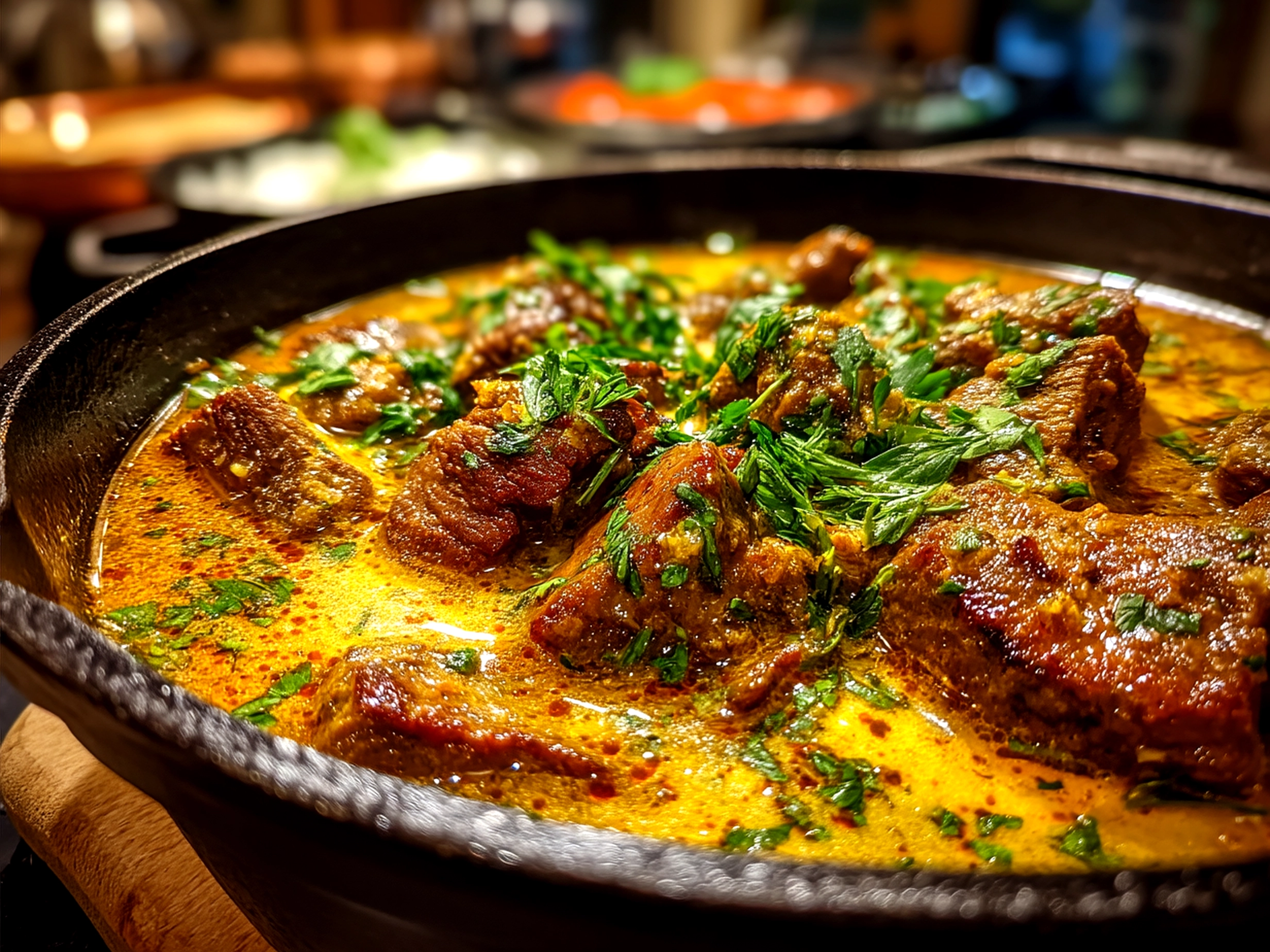 Served One-Pot Lamb Kalya with Yogurt and Cream