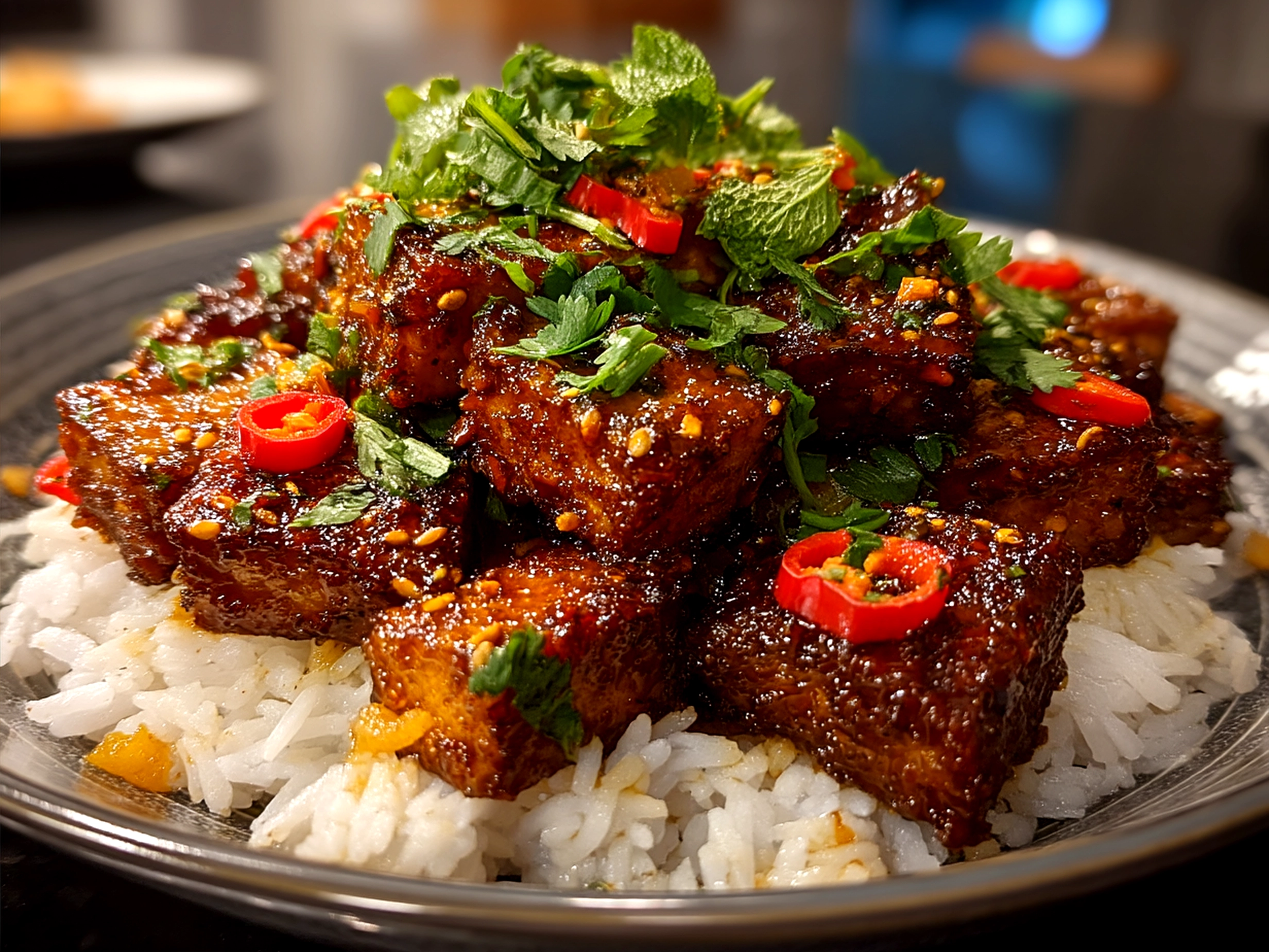 Served Orange Glazed Tempeh Stir Fry over rice with fresh vegetables and green onions