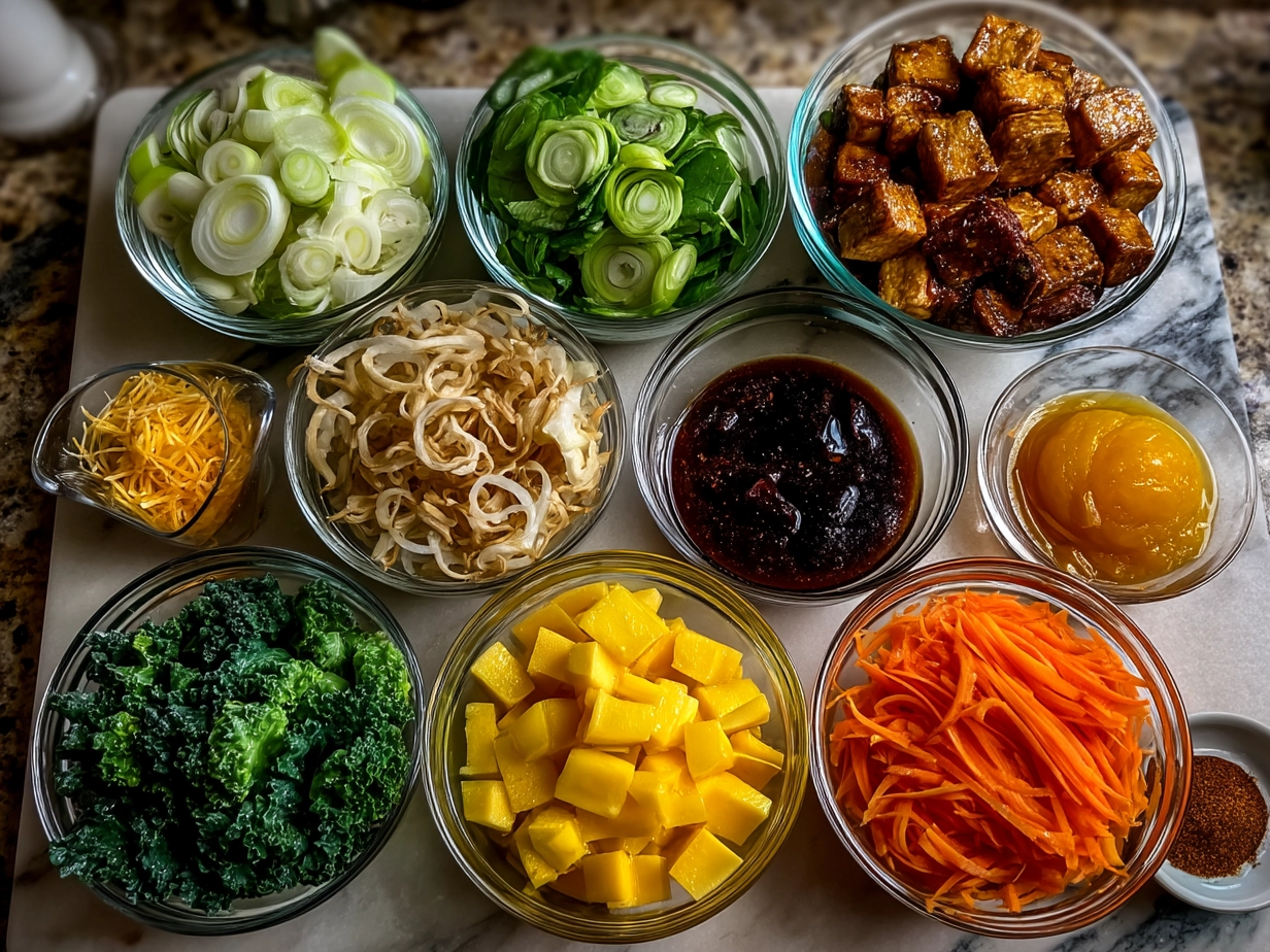 Ingredients for Orange Glazed Tempeh Stir Fry displayed on a wooden board including tempeh, garlic, ginger, broccoli, bell pepper, and orange sauce components