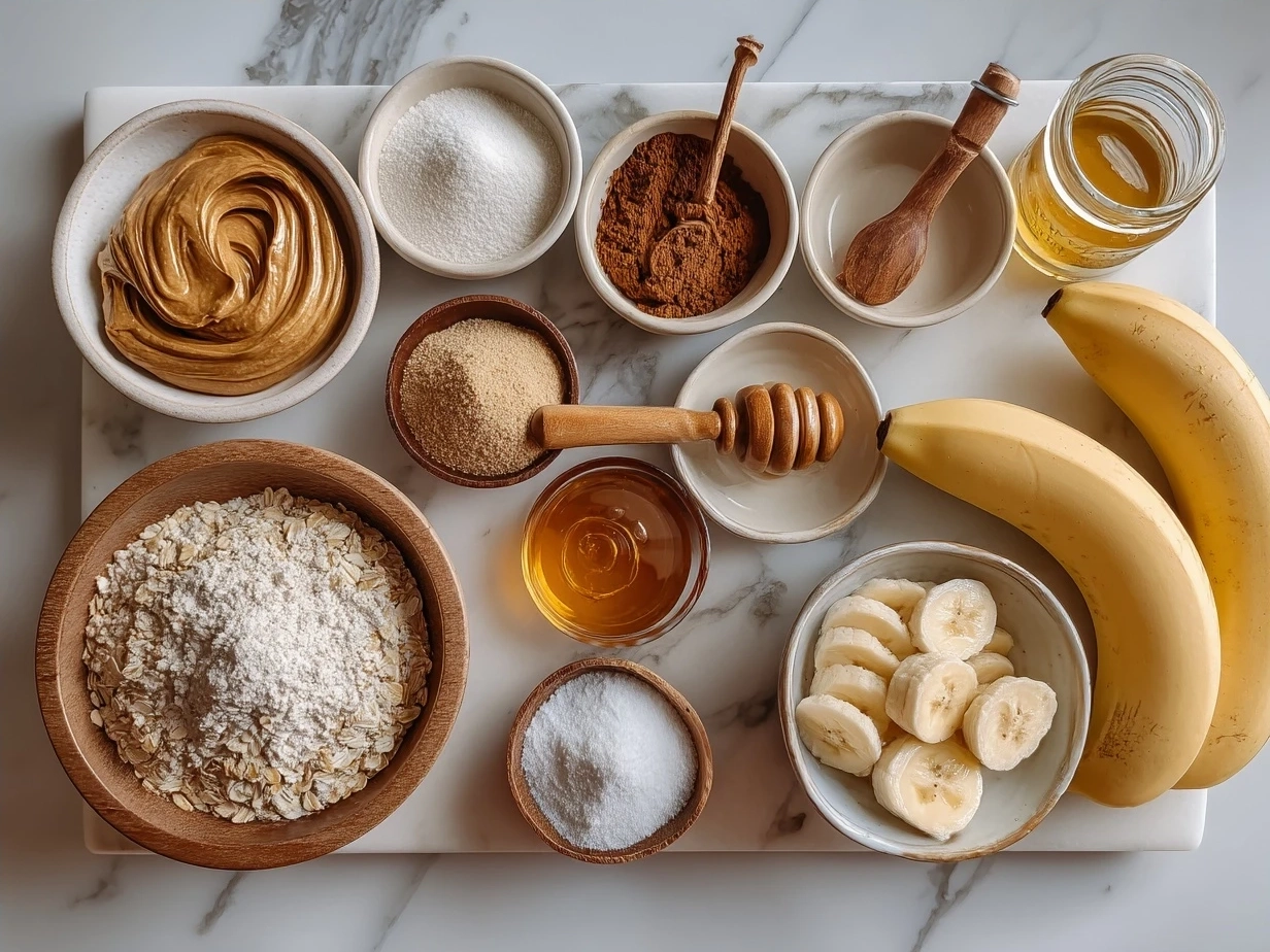 Ingredients for Peanut Butter Banana Oat Bars showing bananas, peanut butter, rolled oats and spices