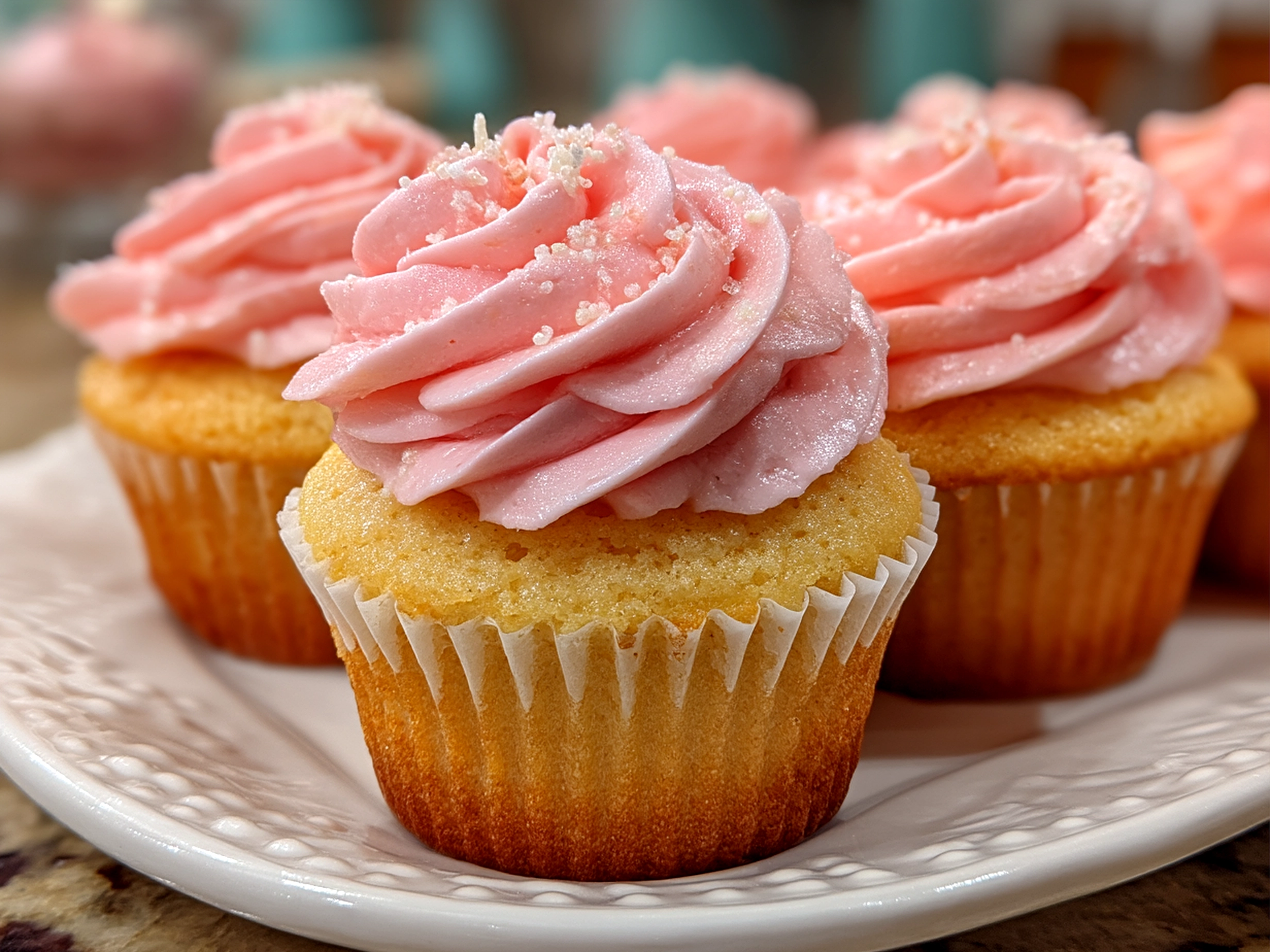 Pink Champagne Cupcakes served on a plate with fresh berries and mint