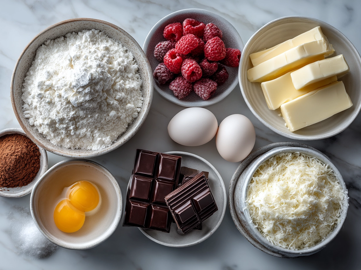 Ingredients laid out for Raspberry Filled Chocolate Cupcakes showing flour, cocoa, eggs, berries, and more