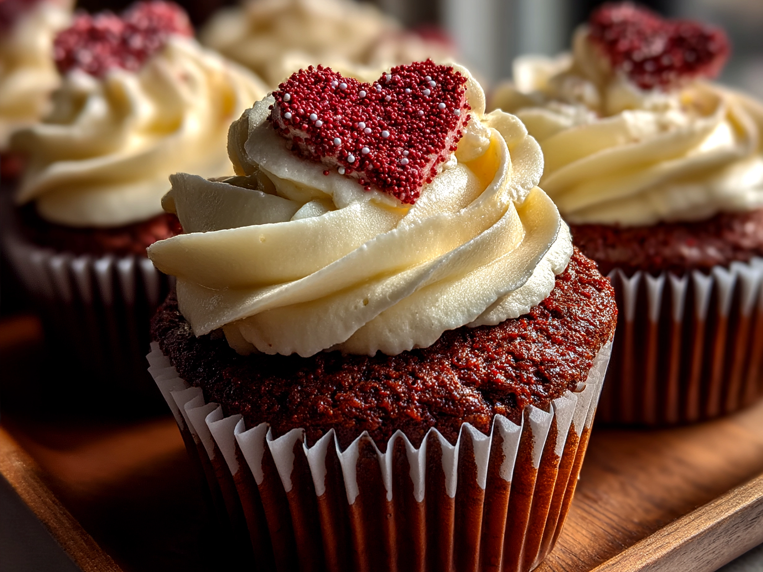 Finished Red Velvet Valentine Cupcakes topped with cream cheese frosting and heart-shaped decorations on a white plate