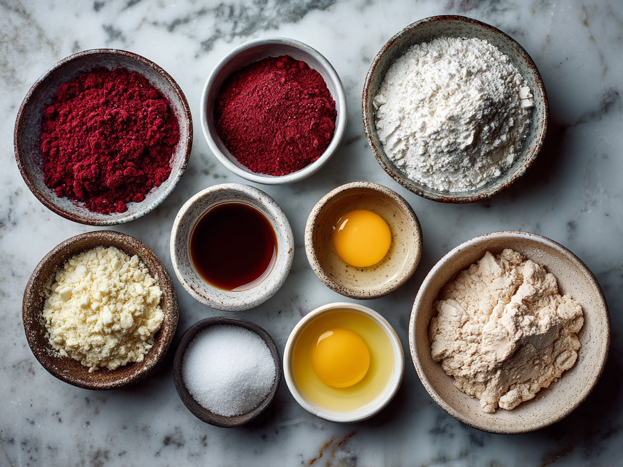 Ingredients for making Red Velvet Valentine Cupcakes displayed on a wooden table