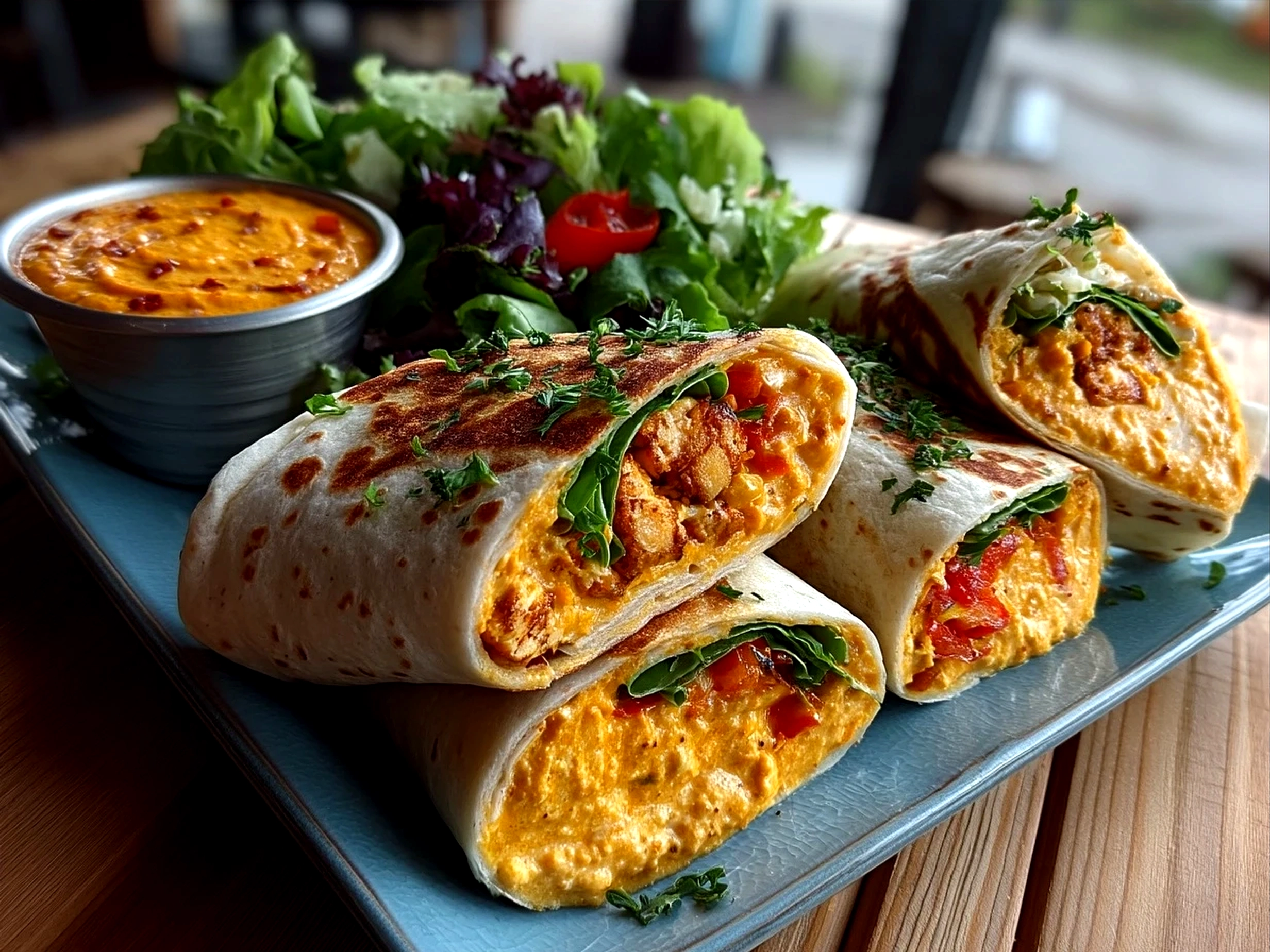 Roasted Red Pepper Hummus Wraps served with fresh cucumber salad