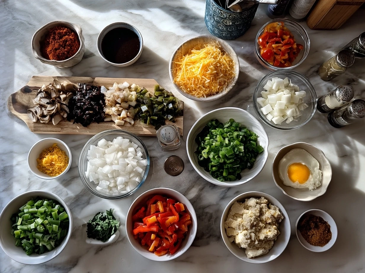 Ingredients for Roasted Red Pepper Hummus Wraps arranged on a wooden table