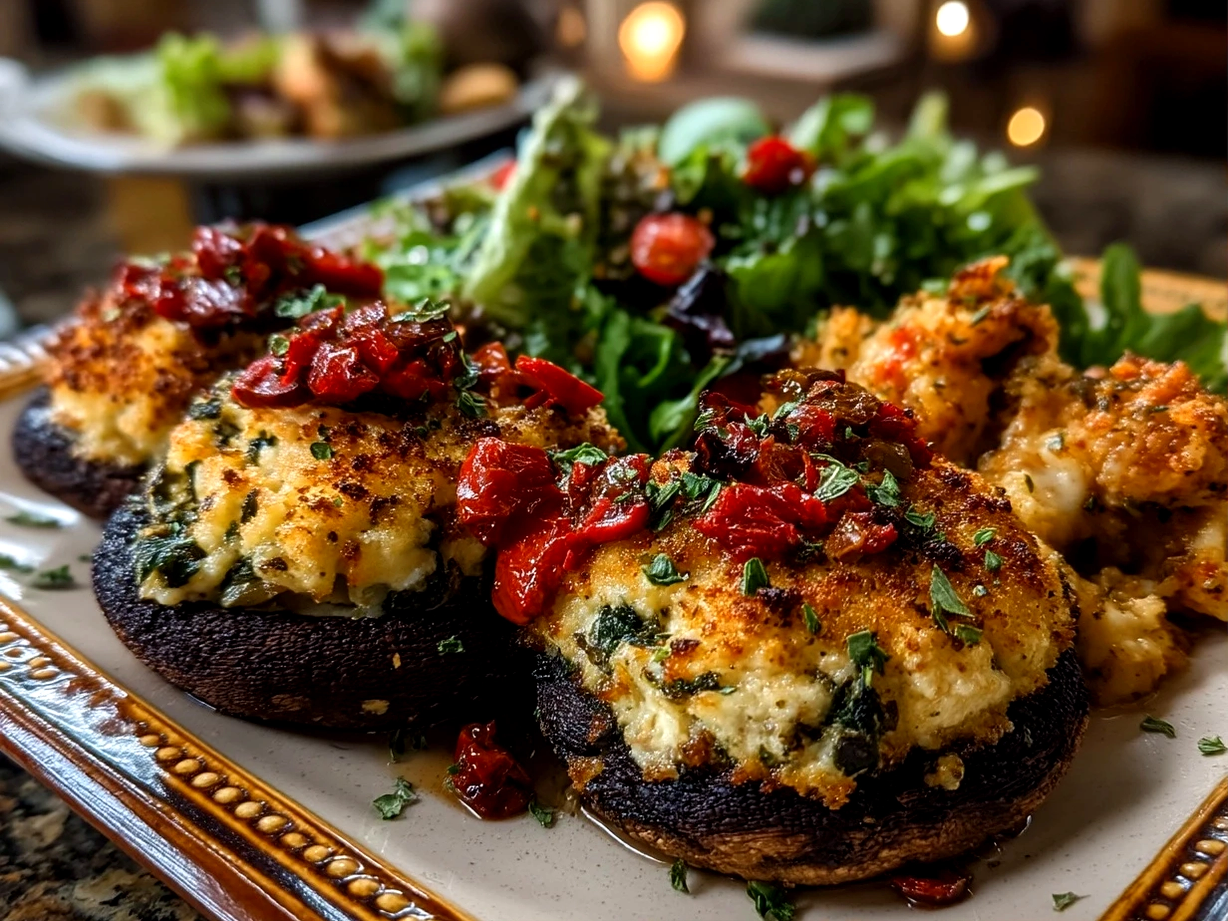 Slight angle close-up of finished Baked Stuffed Portobello Mushrooms garnished with fresh herbs and lemon wedges on a wooden board