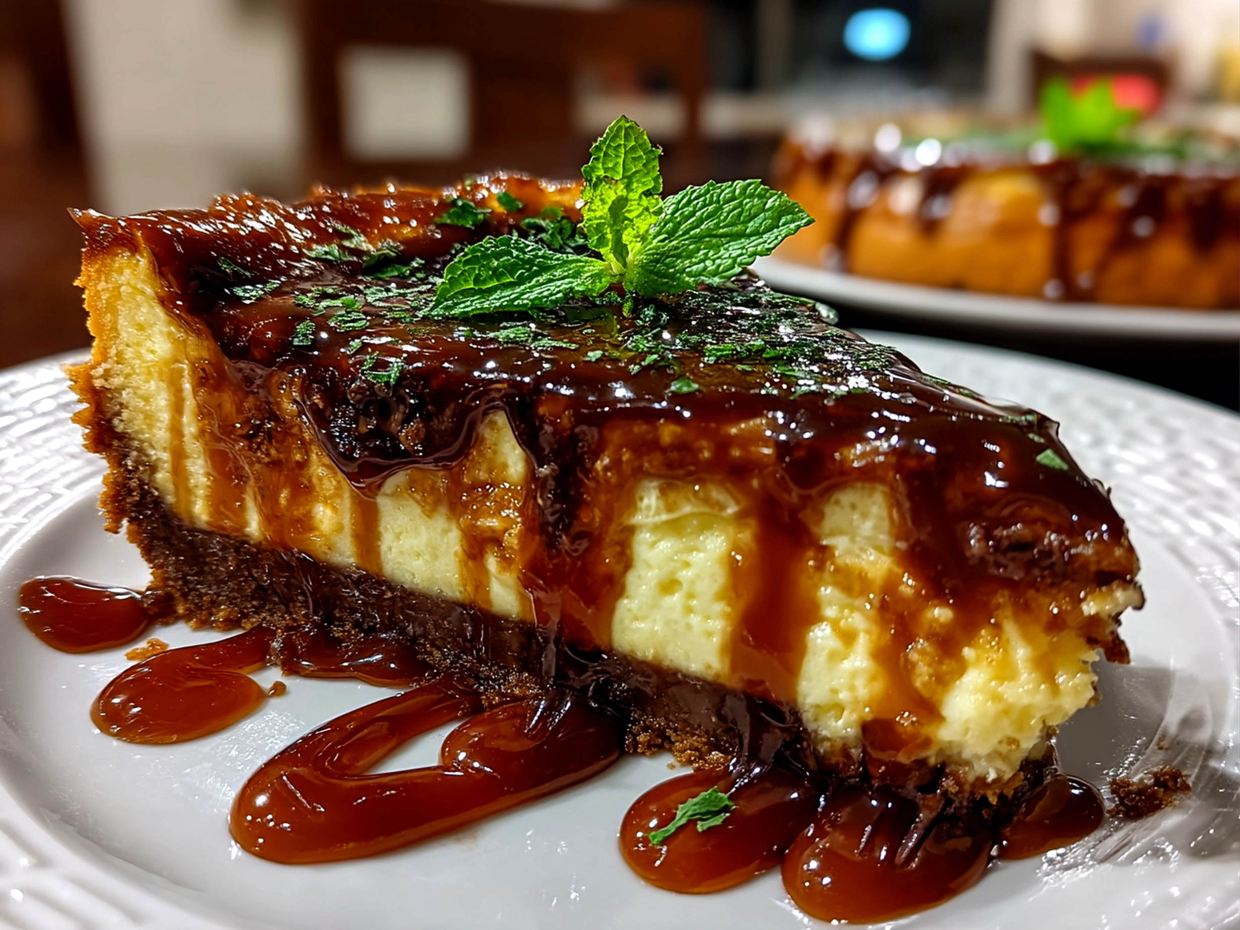 Slight angle close up of finished caramel chocolate coffee cheesecake with glossy sauce