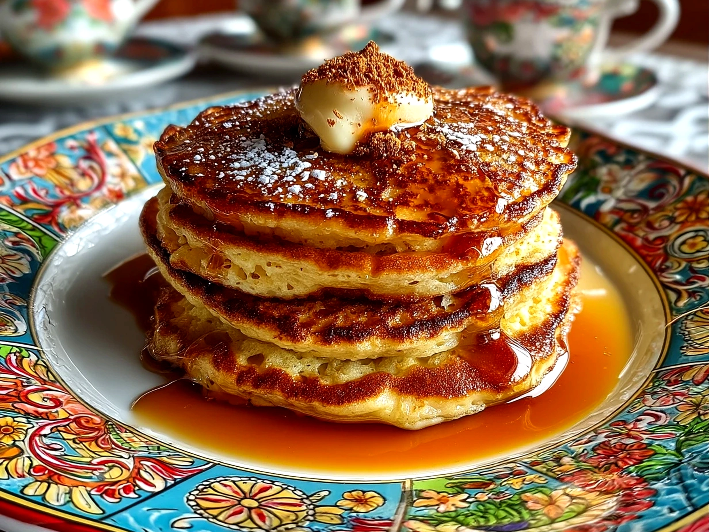 Close-up of finished chai spiced pancakes stacked on a plate