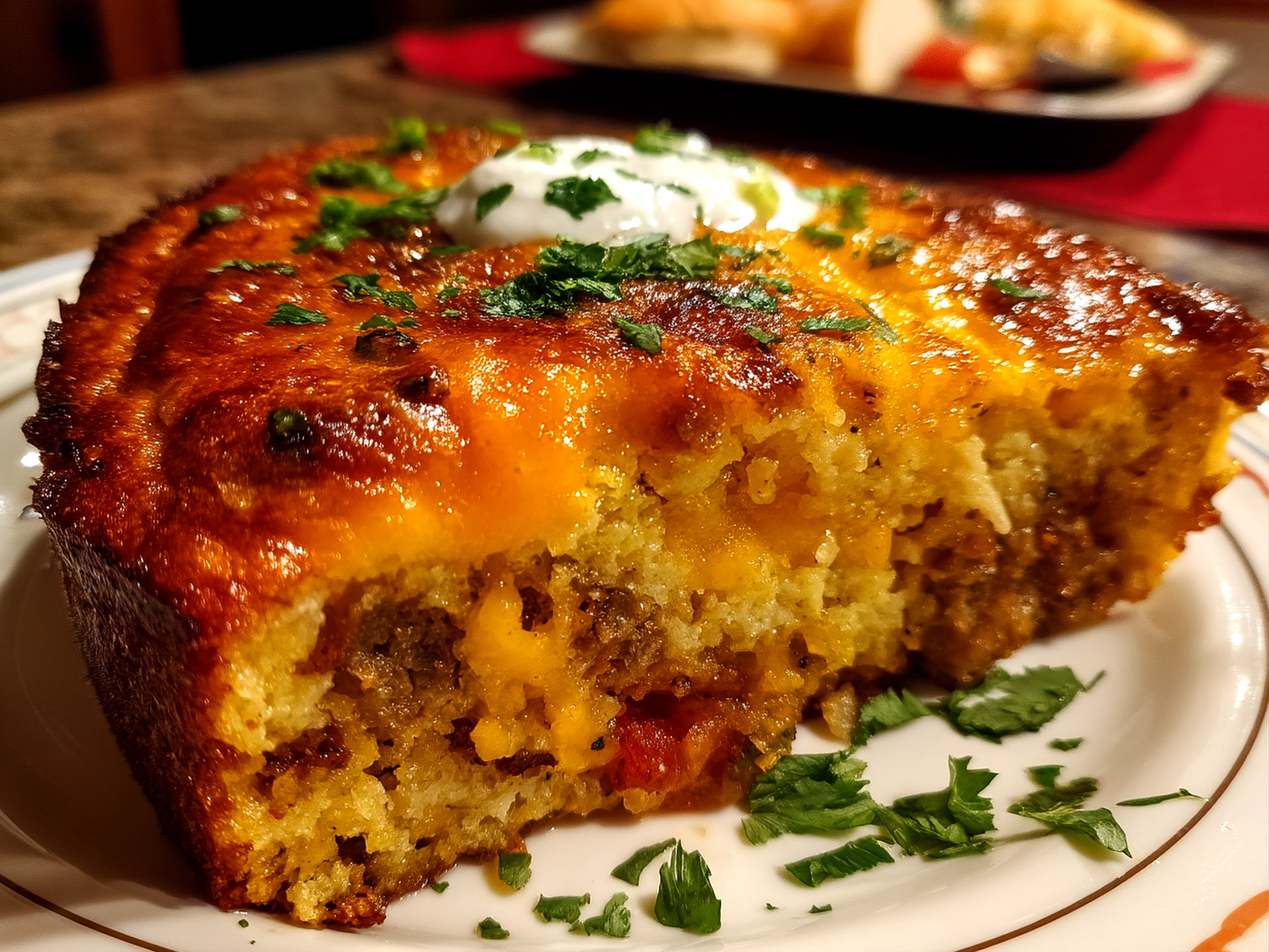 Close-up of finished Chile Relleno Casserole with melted cheese and peppers