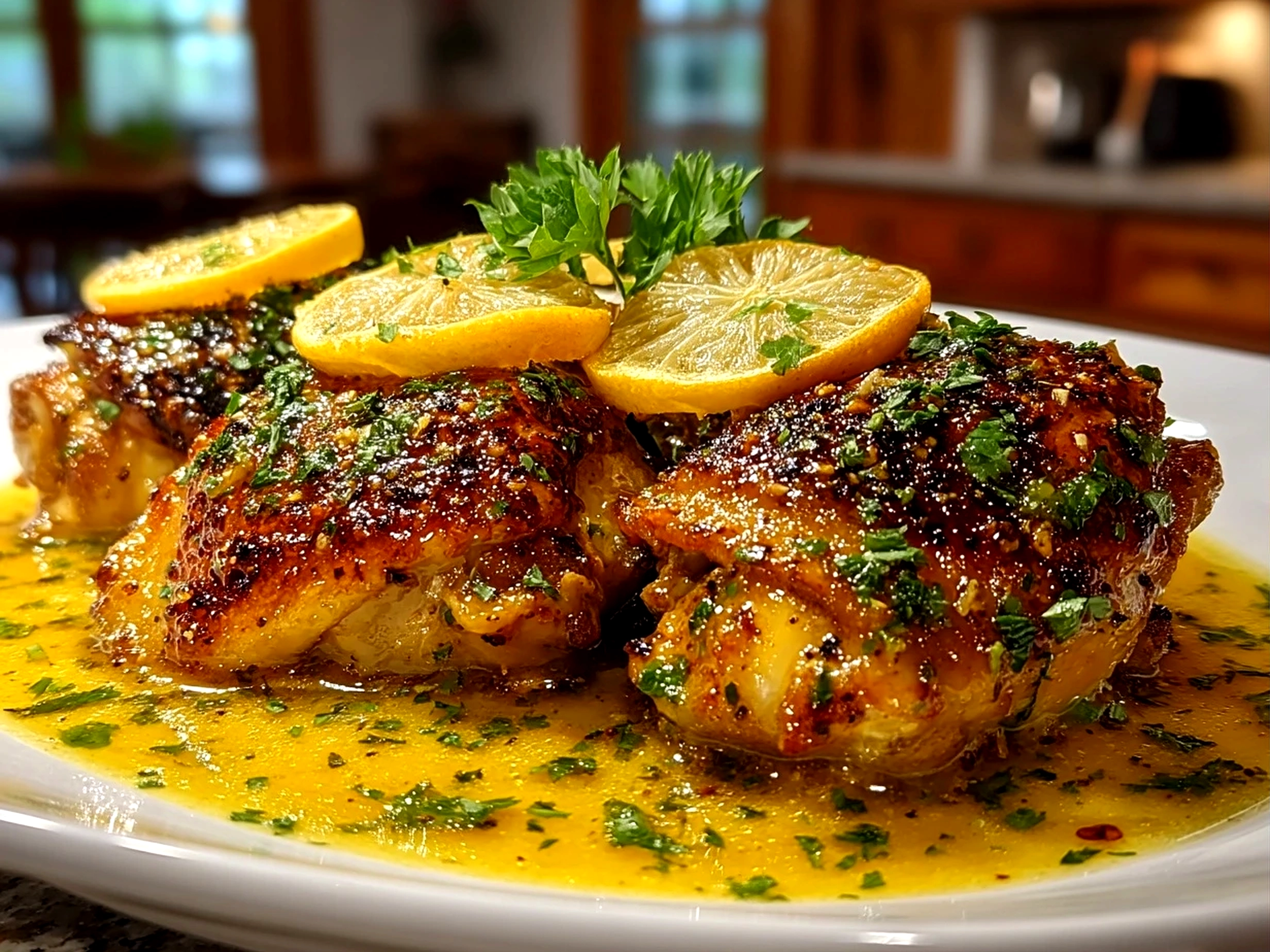 Close-up of finished Citrus Chicken Thighs with vibrant glaze