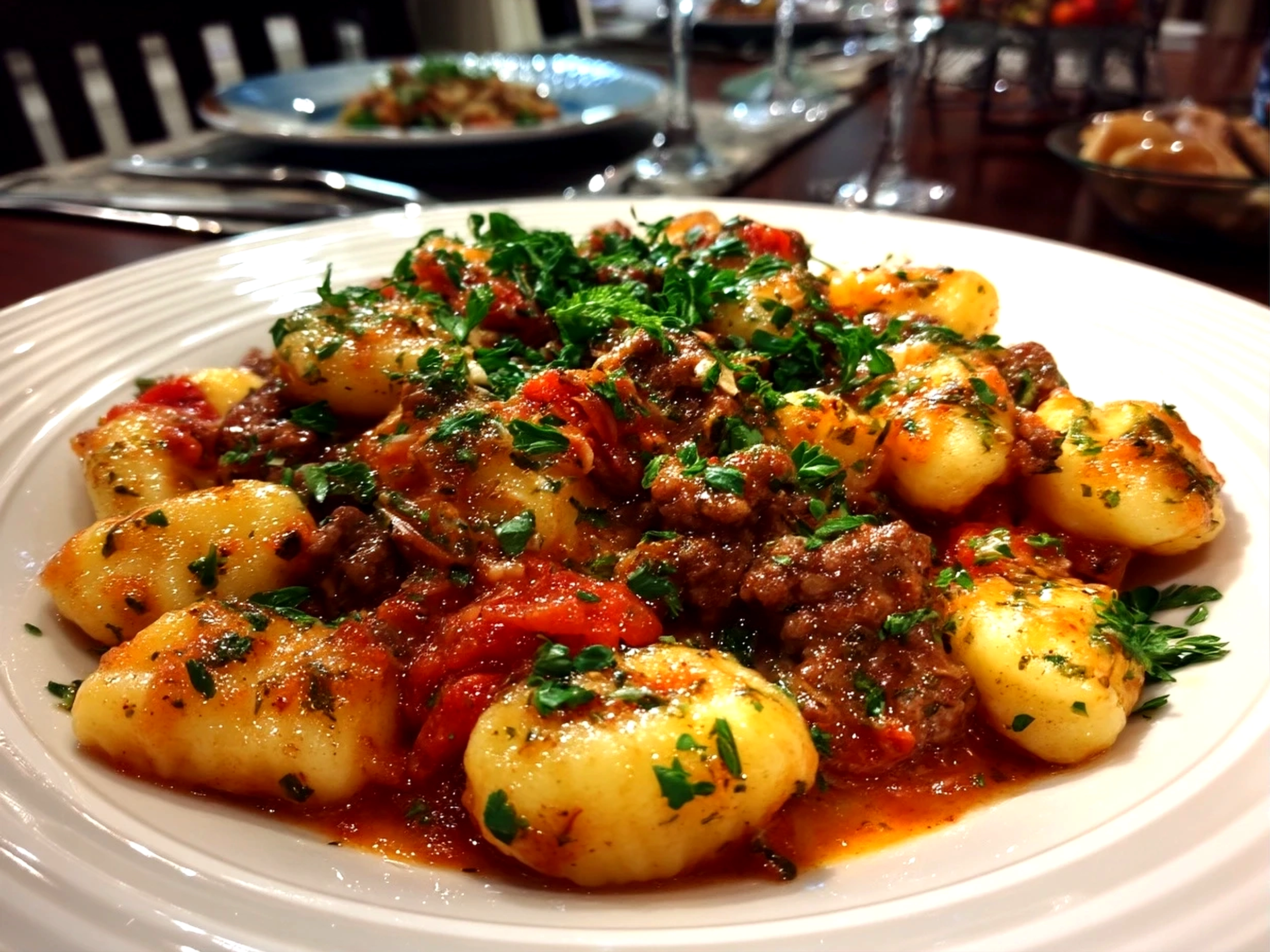 Slight angle close up of finished comforting sausage gnocchi