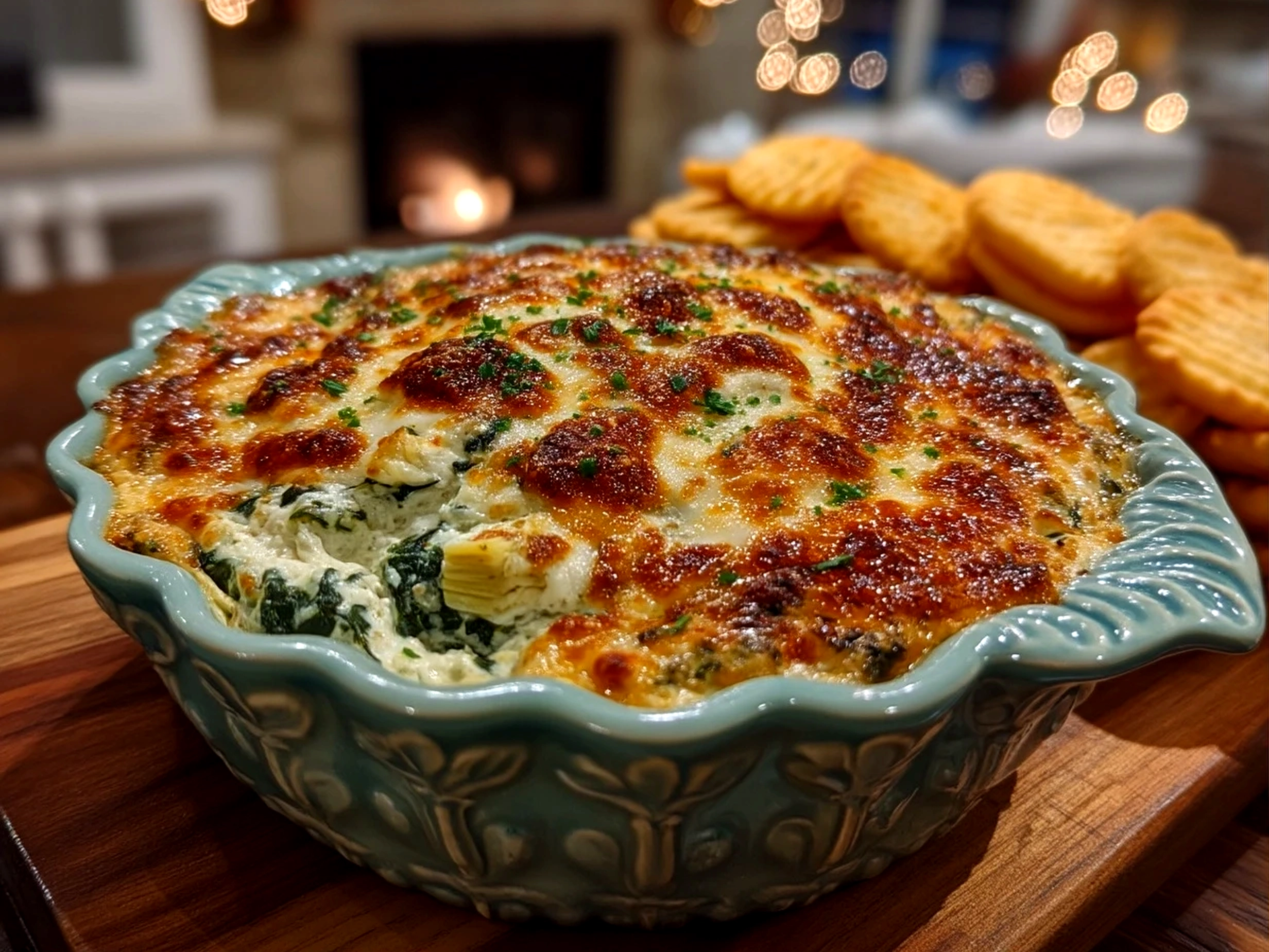 Slight angle close-up of finished comforting spinach artichoke dip served in dish