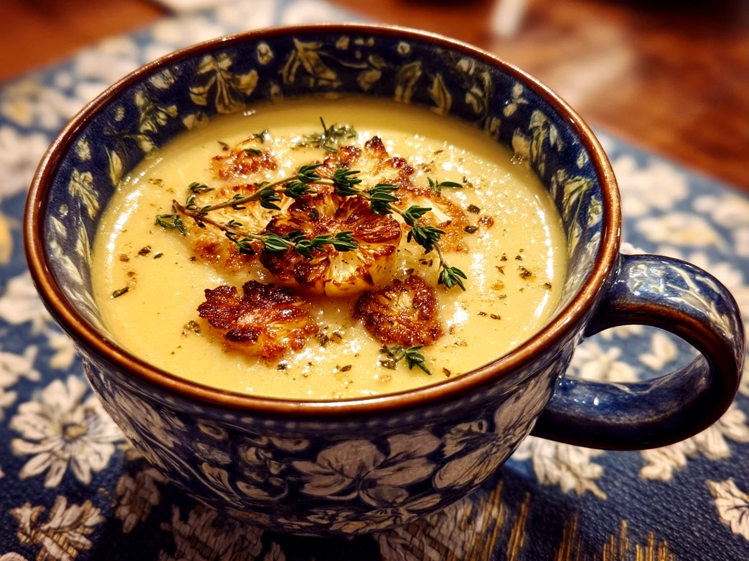 Close-up of a creamy bowl of Roasted Parsnip Soup with Thyme garnished with fresh thyme leaves