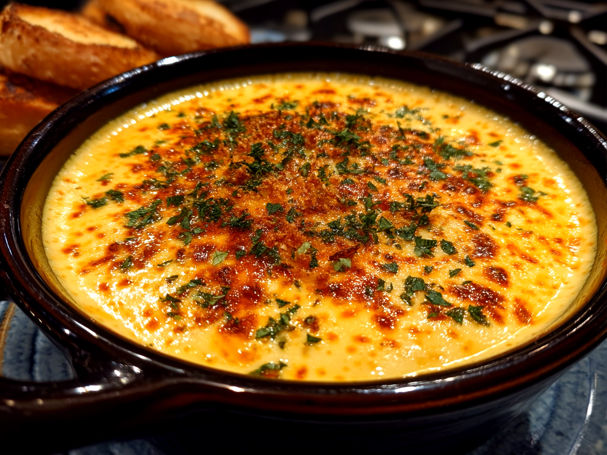 Slight angle close-up of finished delicious queso in a bowl