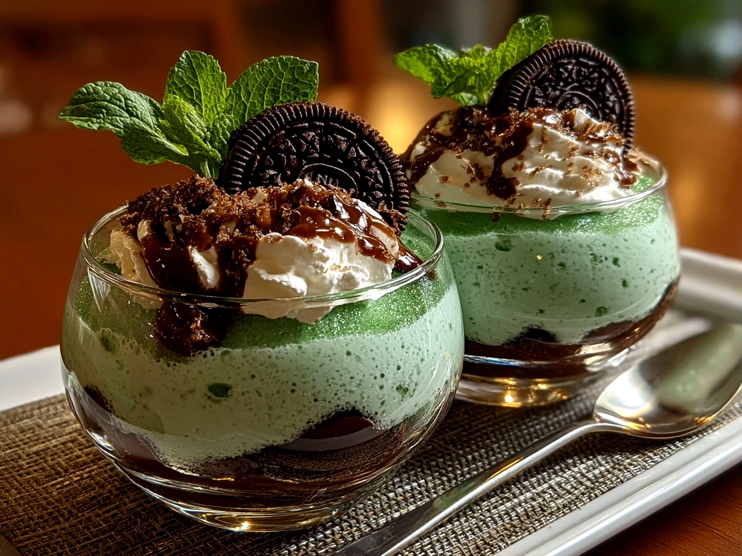 Close-up of finished fresh Mint Oreo Parfaits in clear cups showing glossy layered surface and fresh mint garnish
