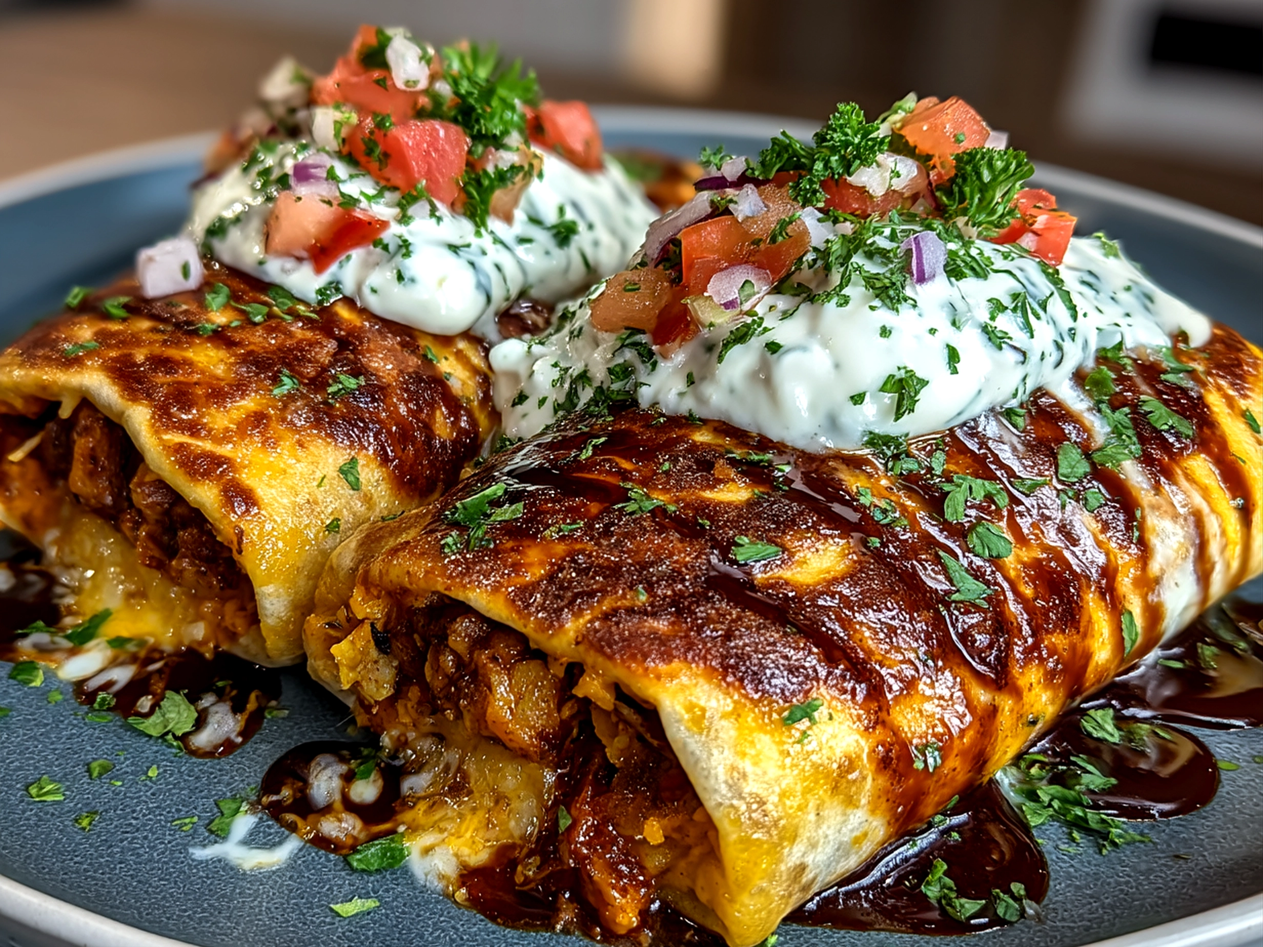 Close-up of finished Loaded Sweet Potato Burritos plated and ready to enjoy