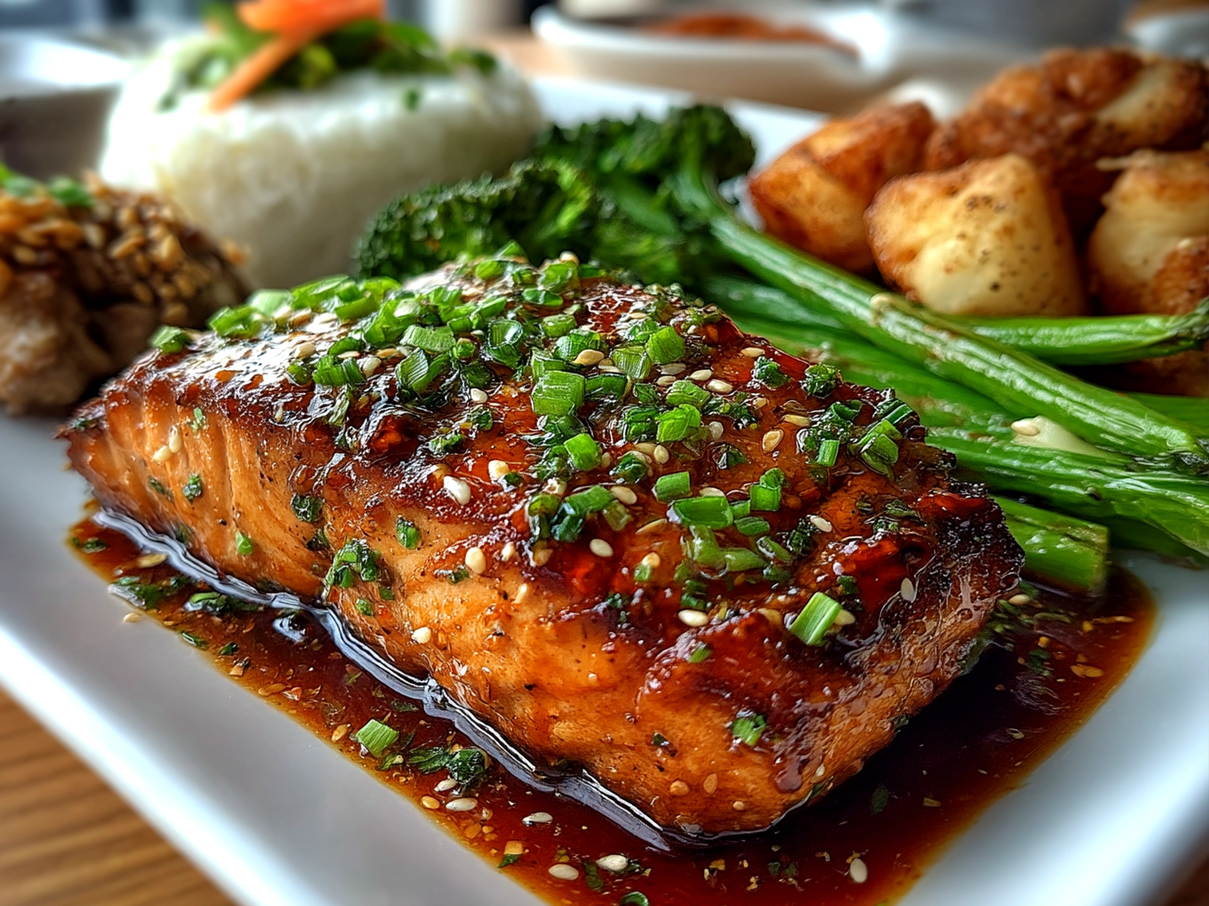Close-up view of finished Sheet Pan Teriyaki Salmon garnished with sesame seeds and green onions