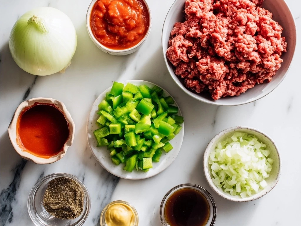 Ingredients for Sloppy Joes recipe on a wooden surface