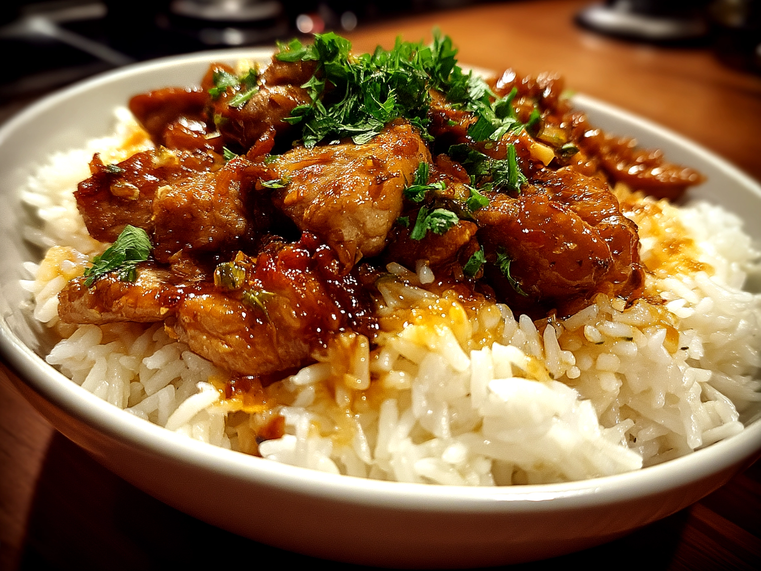 Serving of Spicy Maple Chicken and Coconut Rice plated with lime wedge and fresh herbs