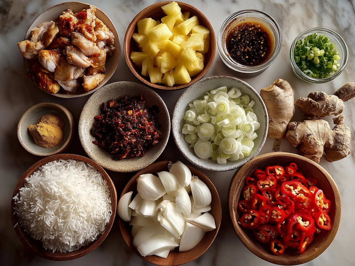 Ingredients for Spicy Maple Chicken and Coconut Rice including chicken thighs, maple syrup, chili powder, jasmine rice, coconut milk, garlic, lime juice, salt, and pepper