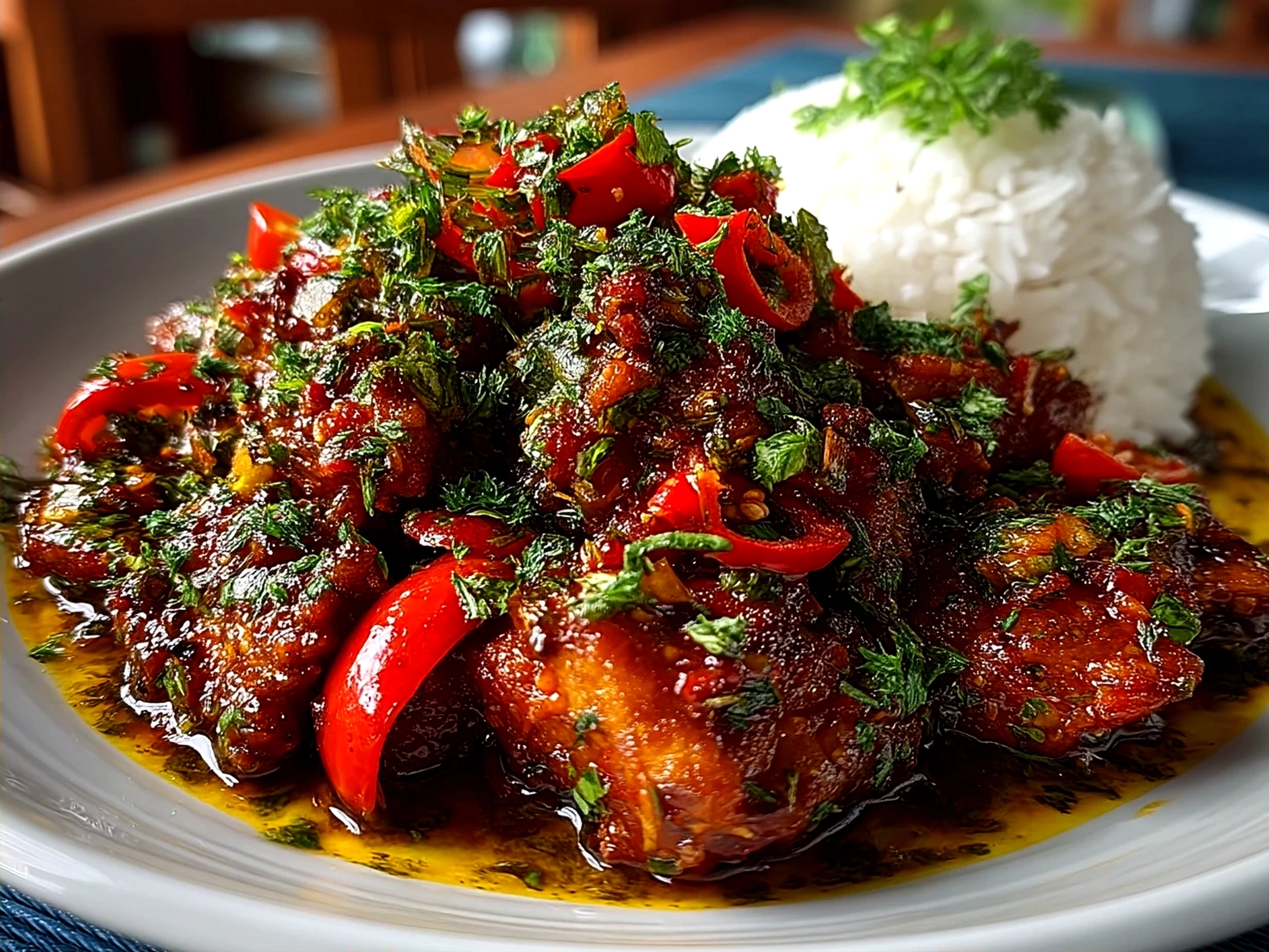 Served Spicy Portuguese Chilli Chicken on a platter with sides