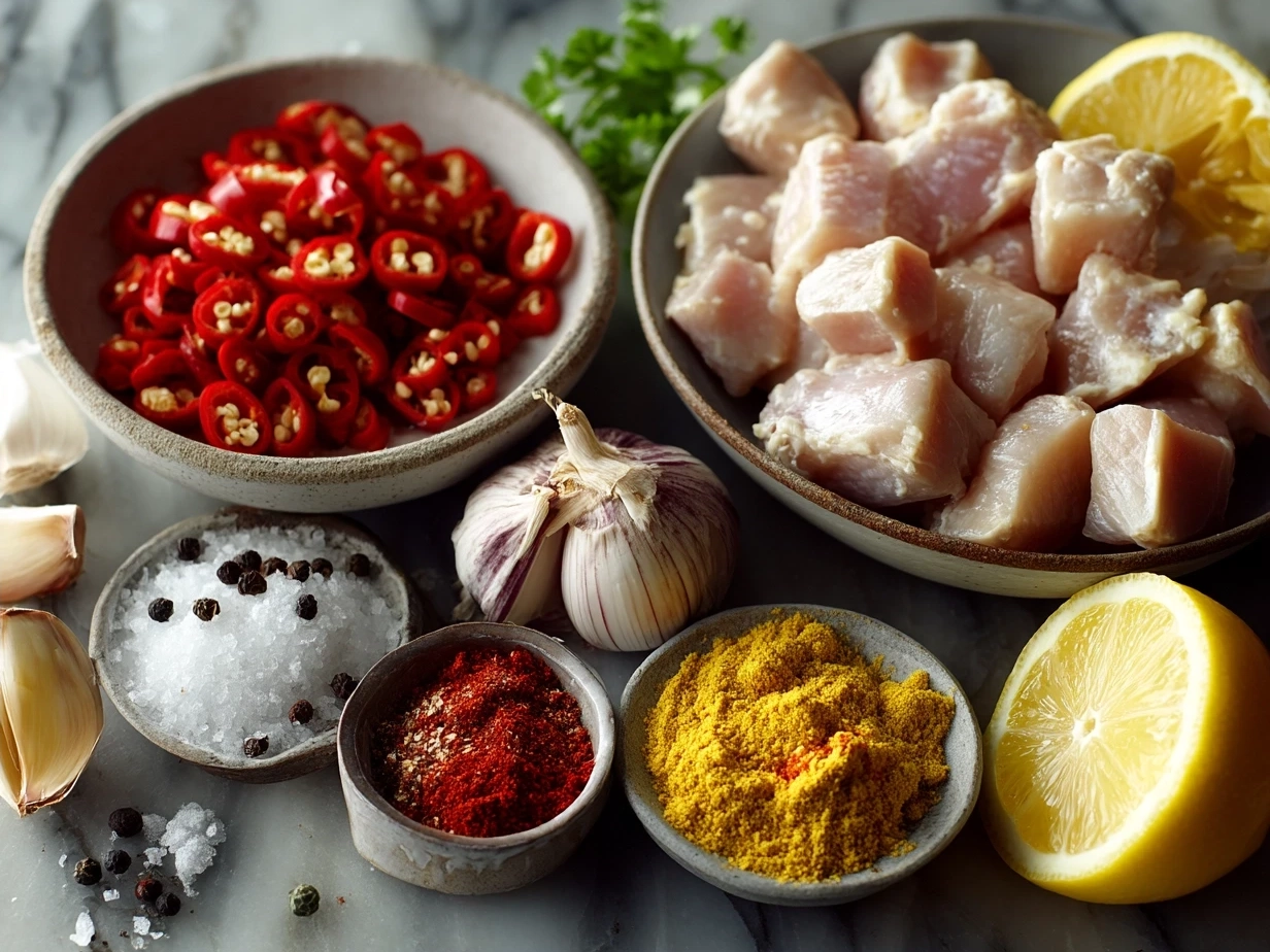 Ingredients for Spicy Portuguese Chilli Chicken including chicken thighs, spices, lemon, and olive oil
