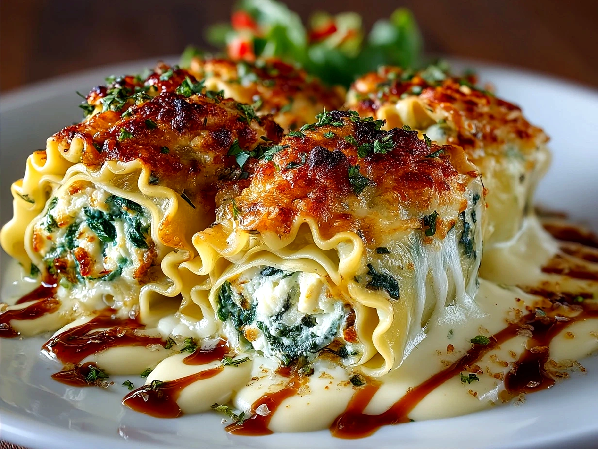 Serving Spinach Artichoke Lasagna Rolls garnished with fresh herbs alongside a crisp mixed greens salad