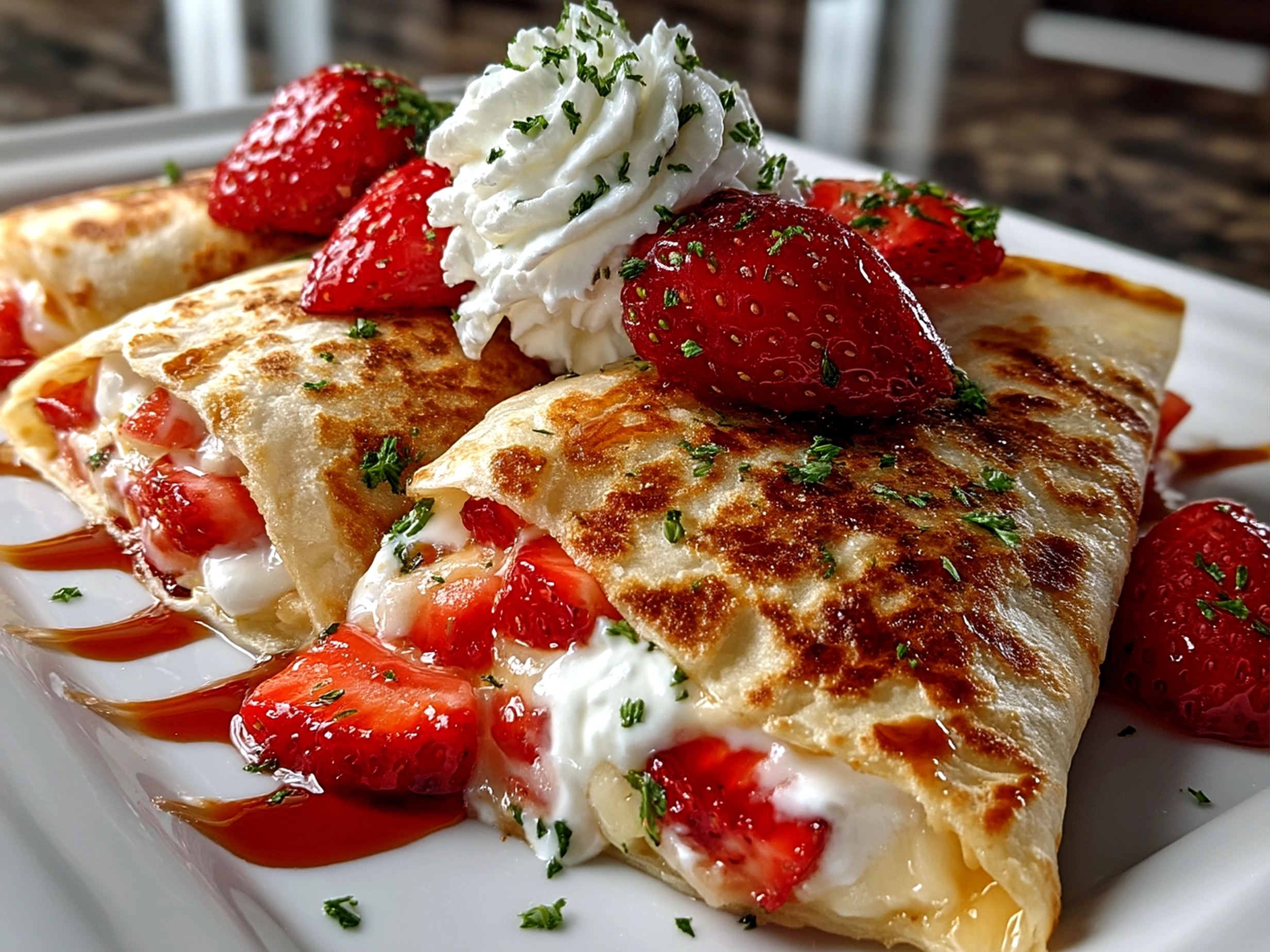Finished Strawberry Cheesecake Quesadilla served on a plate