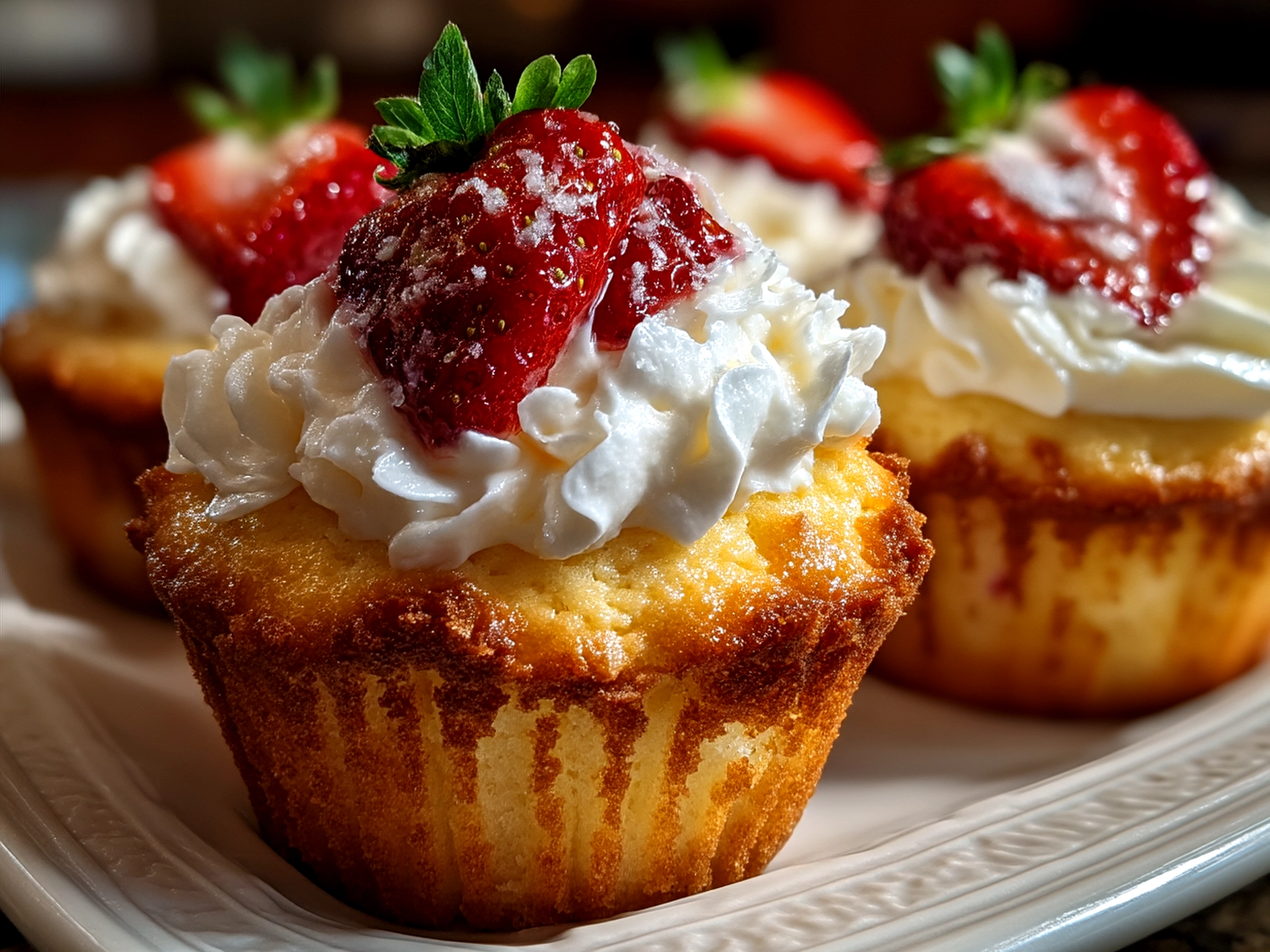 Fresh Strawberry Shortcake Cupcakes plated with mint and tea