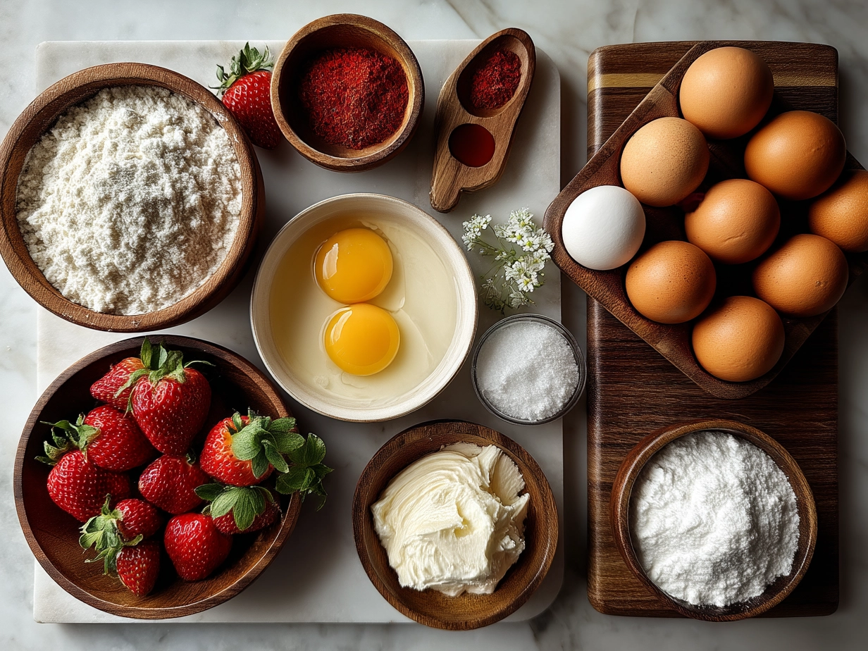 Ingredients for Strawberry Shortcake Cupcakes on kitchen counter